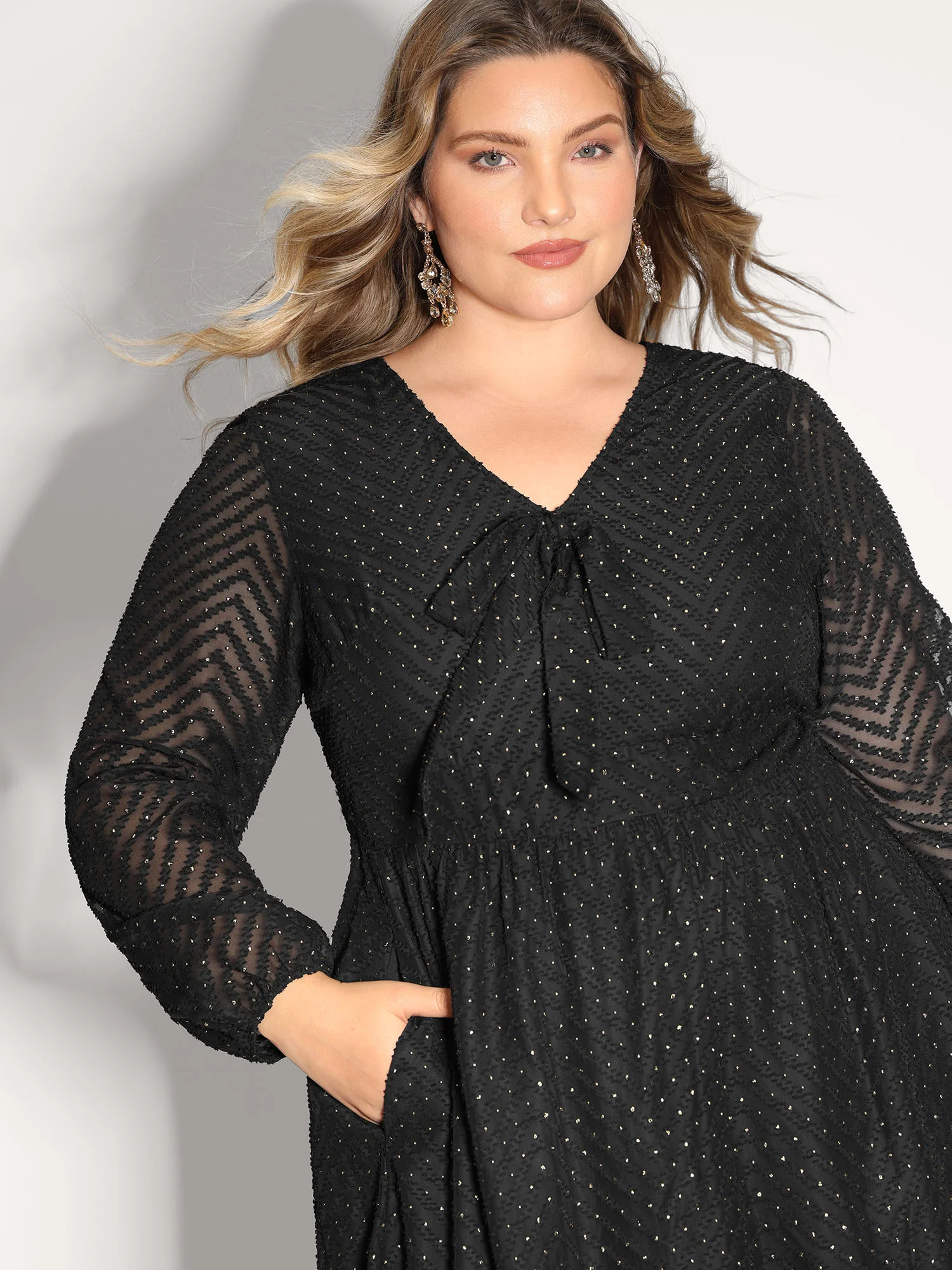 Gold Stamped Chiffon Shirred Waist Midi Dress