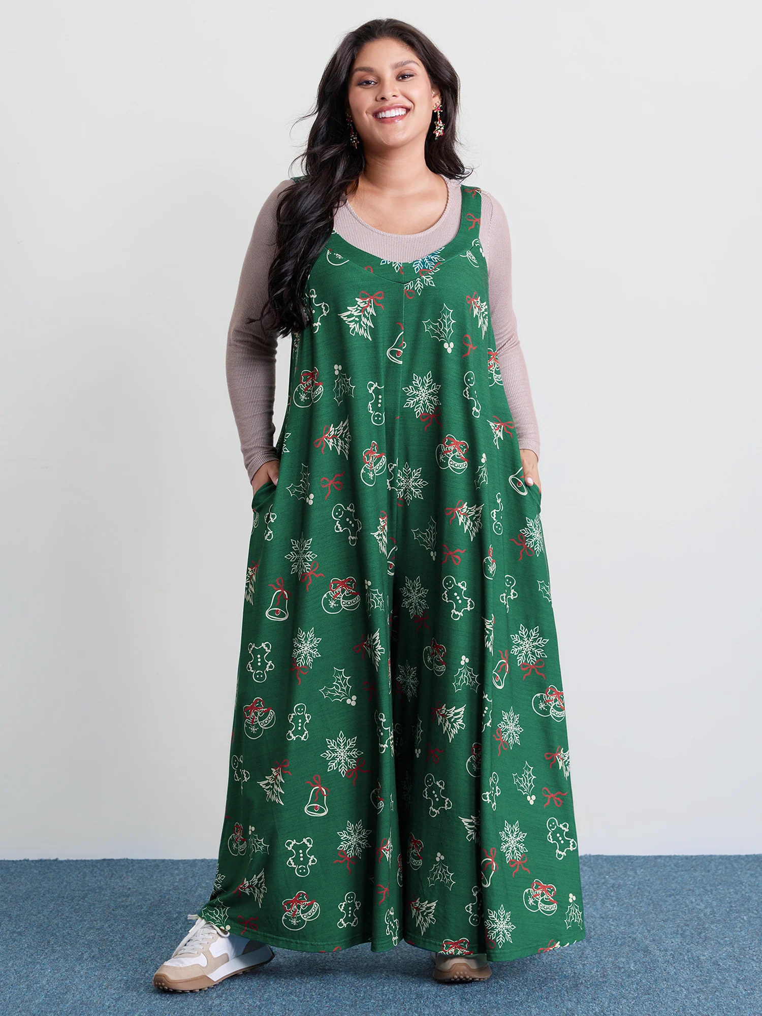 Tree Gingerbread Print Knit Jumpsuit