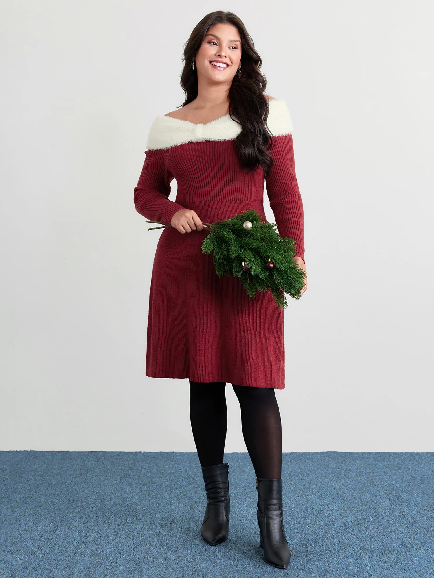 Fuzzy Off-Shoulder Color Block Sweater Dress