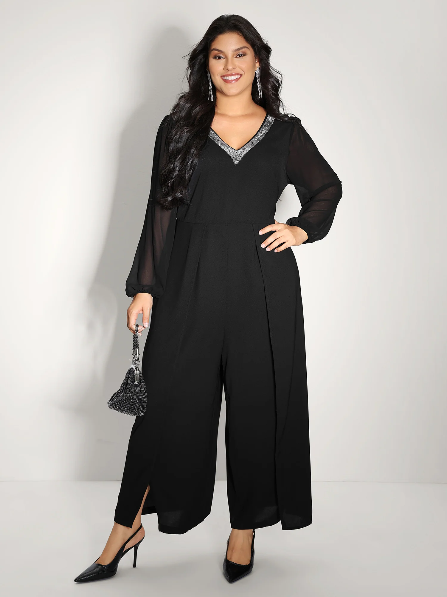 Sequin Neckline Petal Flowy Hem Jumpsuit