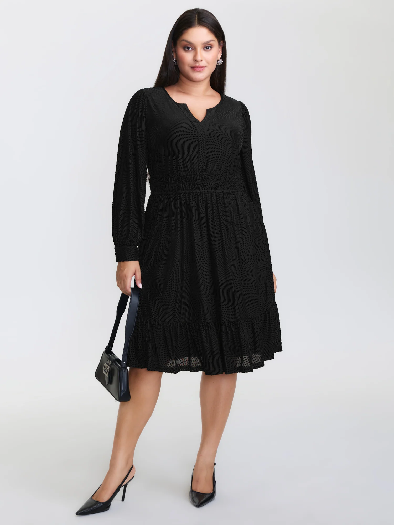 Velvet Laser Cut Ruffled Hem Midi Dress