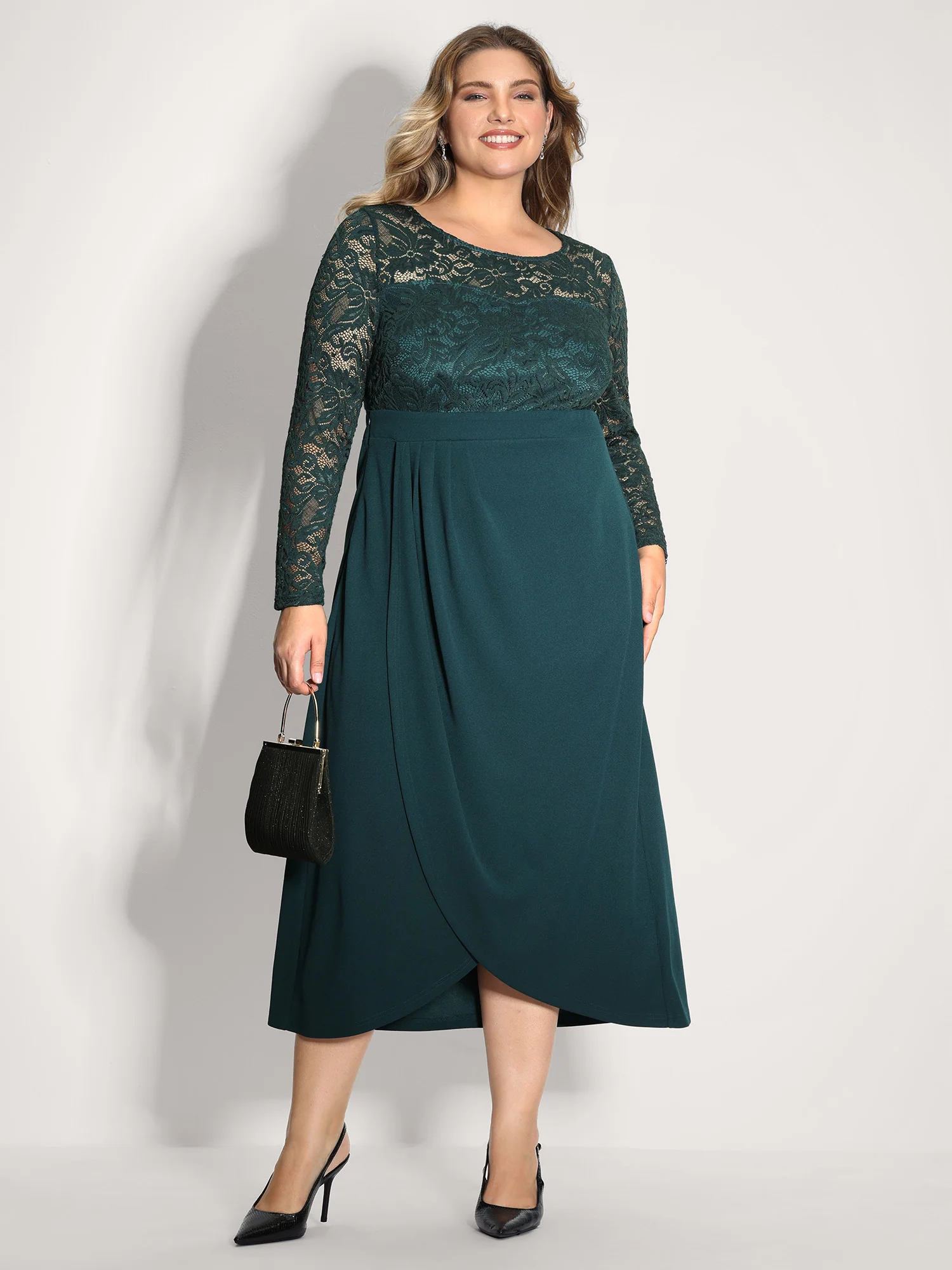 Wrap Hem Lace Sleeve Midi Dress