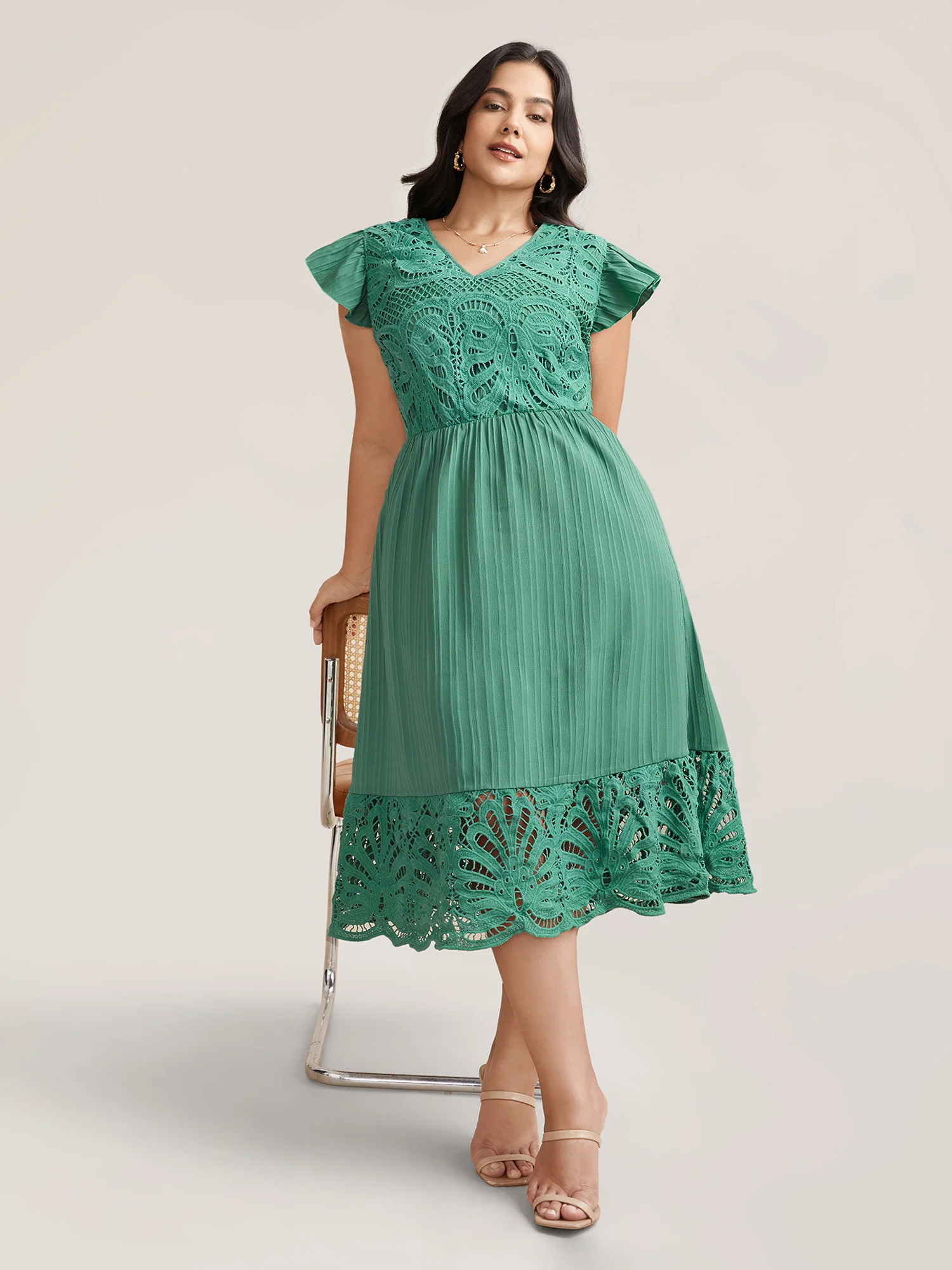 Lace Cut-Out Flutter Sleeve Midi Dress