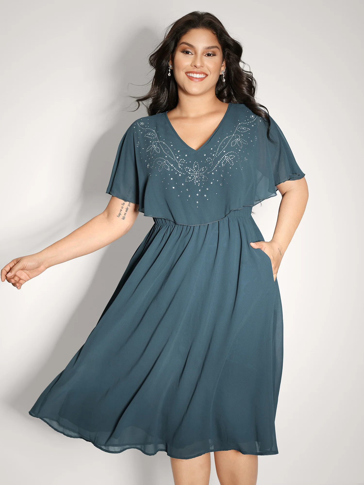 Shimmery Hotfix Rhinestone Layered Midi Dress