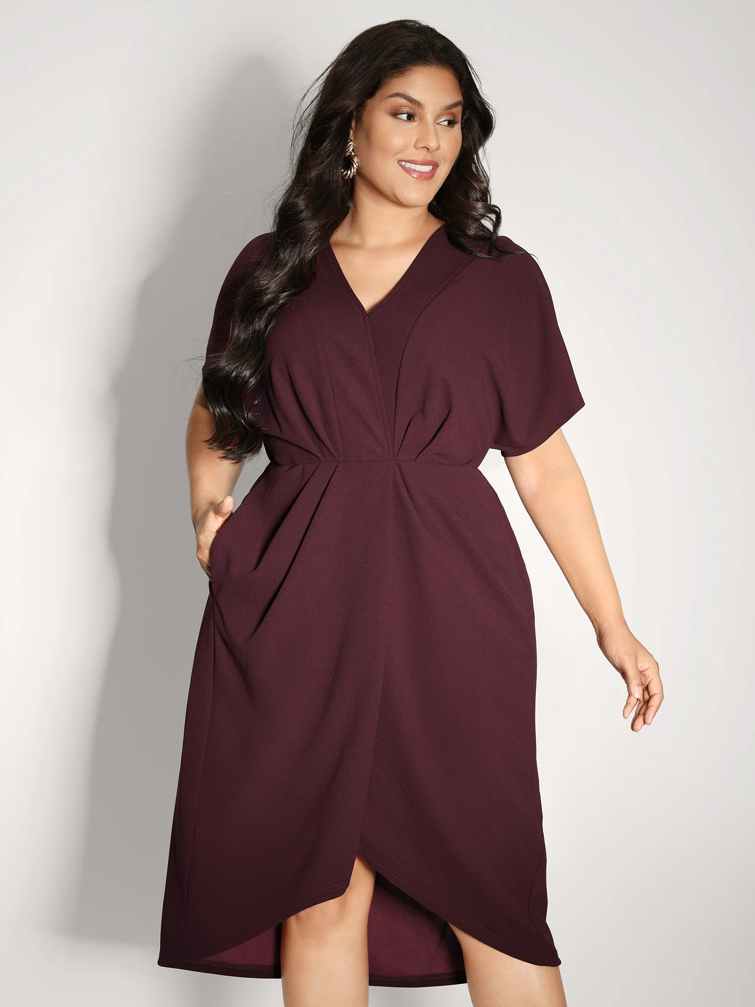 Drapey Ruched V-Neck Midi Dress