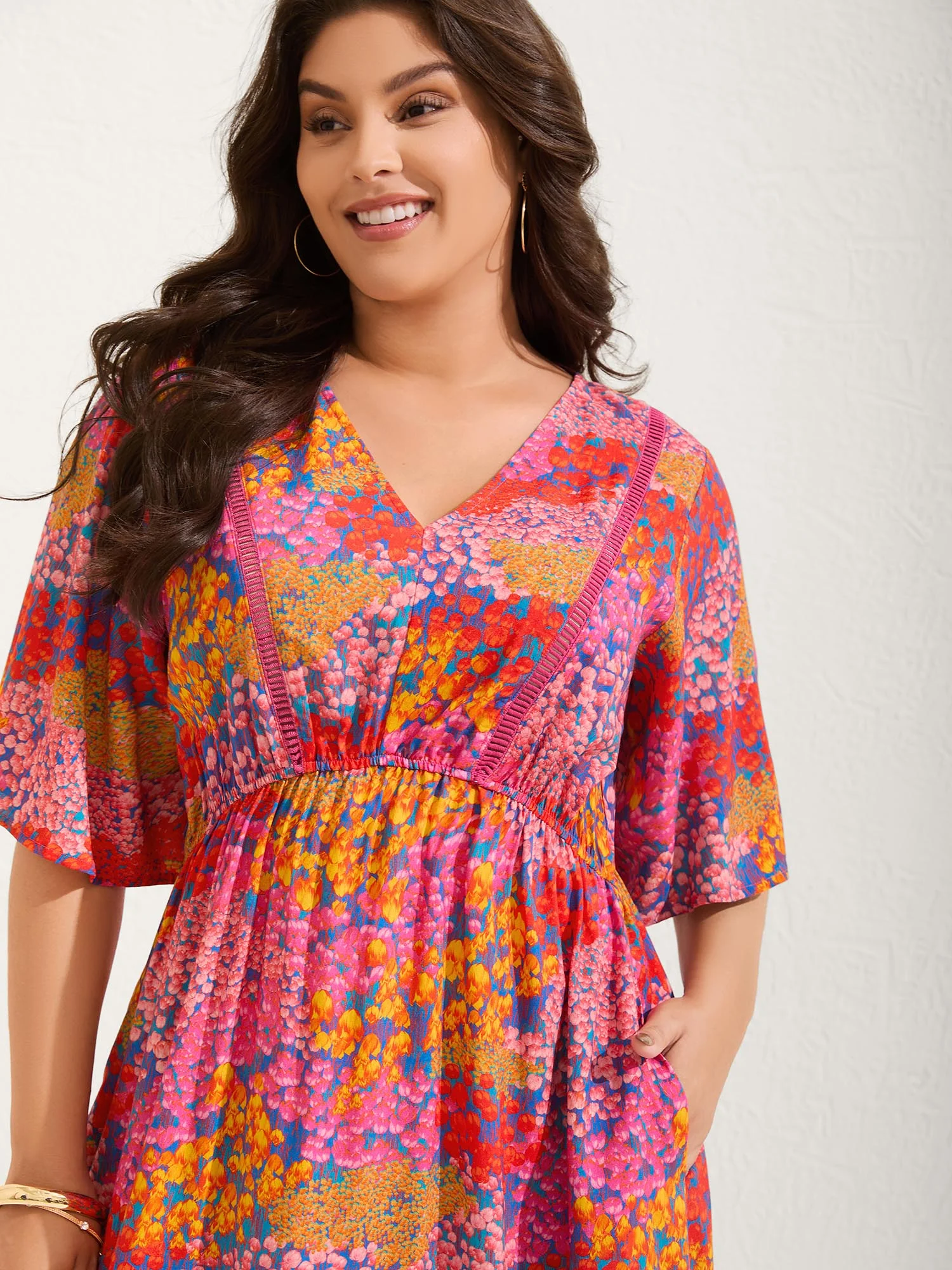 Floral Lace Trim Flowy Sleeve Midi Dress