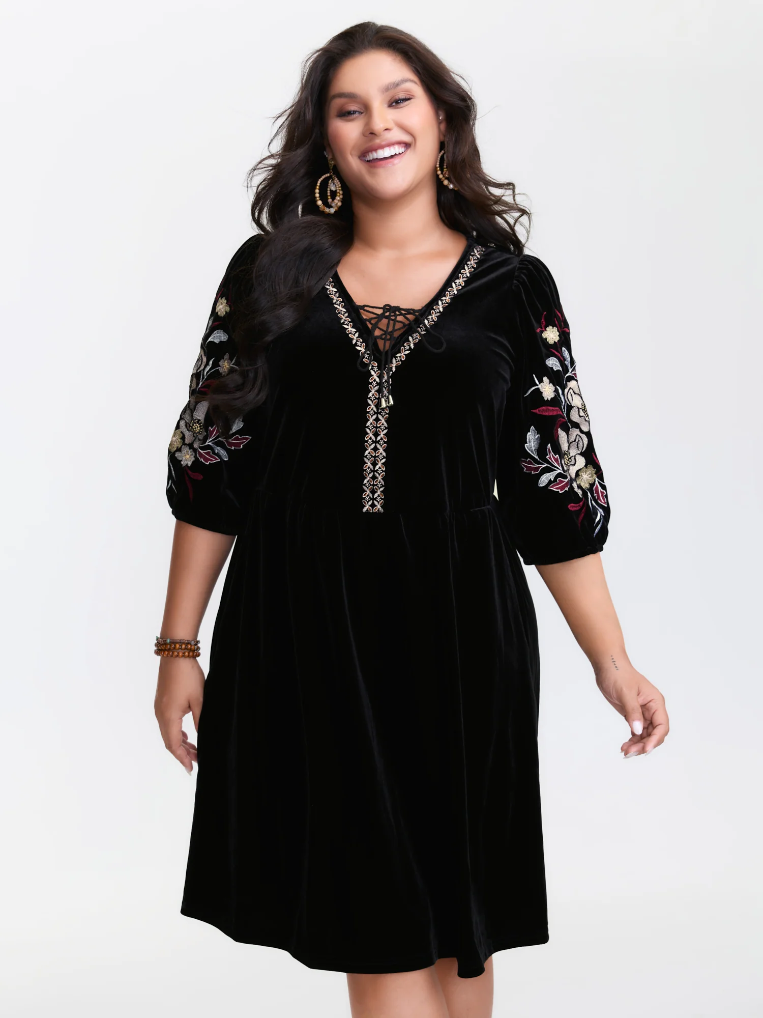 Velvet Stretchy Embroidery Midi Dress