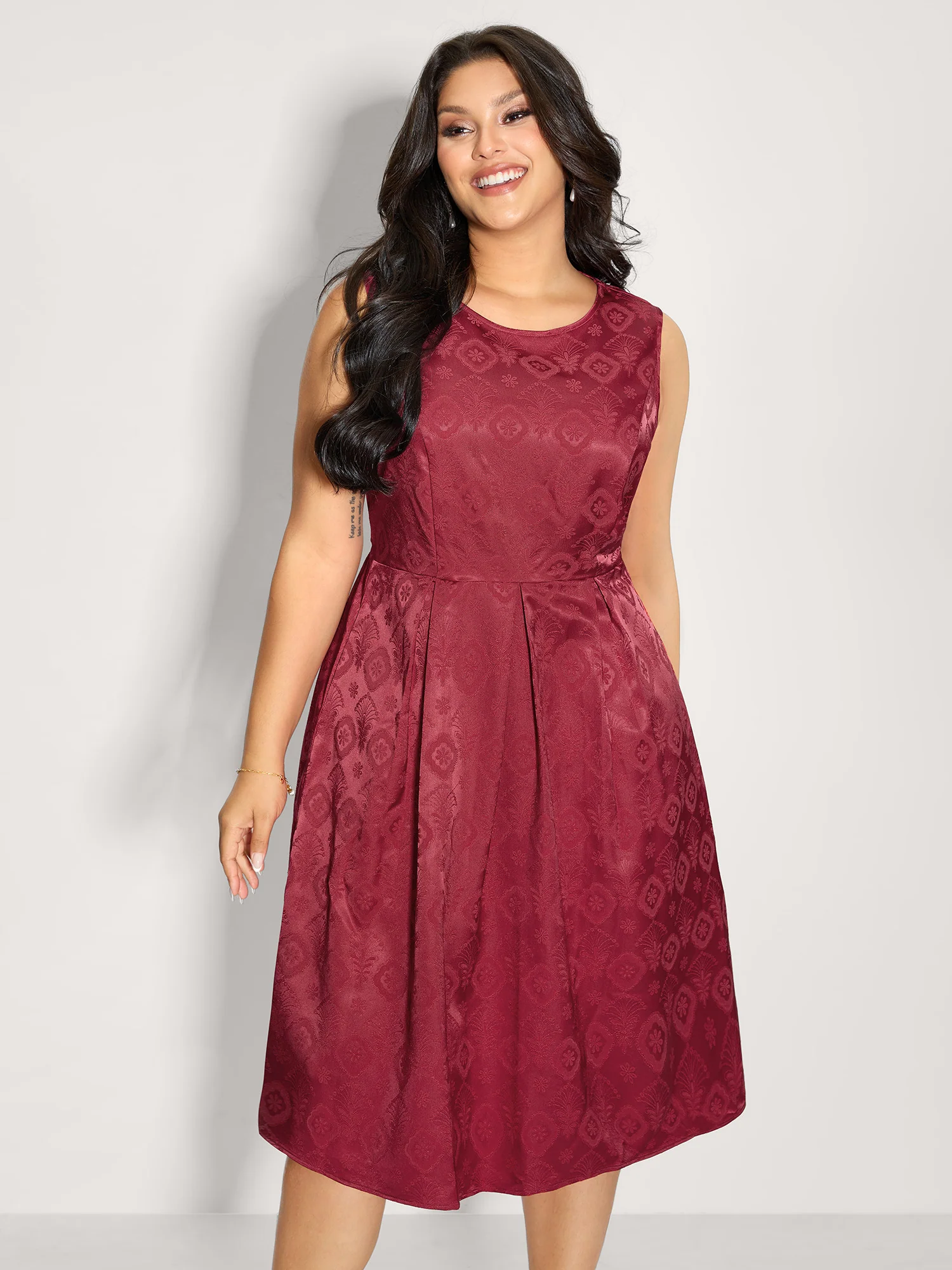 Textured Pleated Waist-Defining Midi Dress