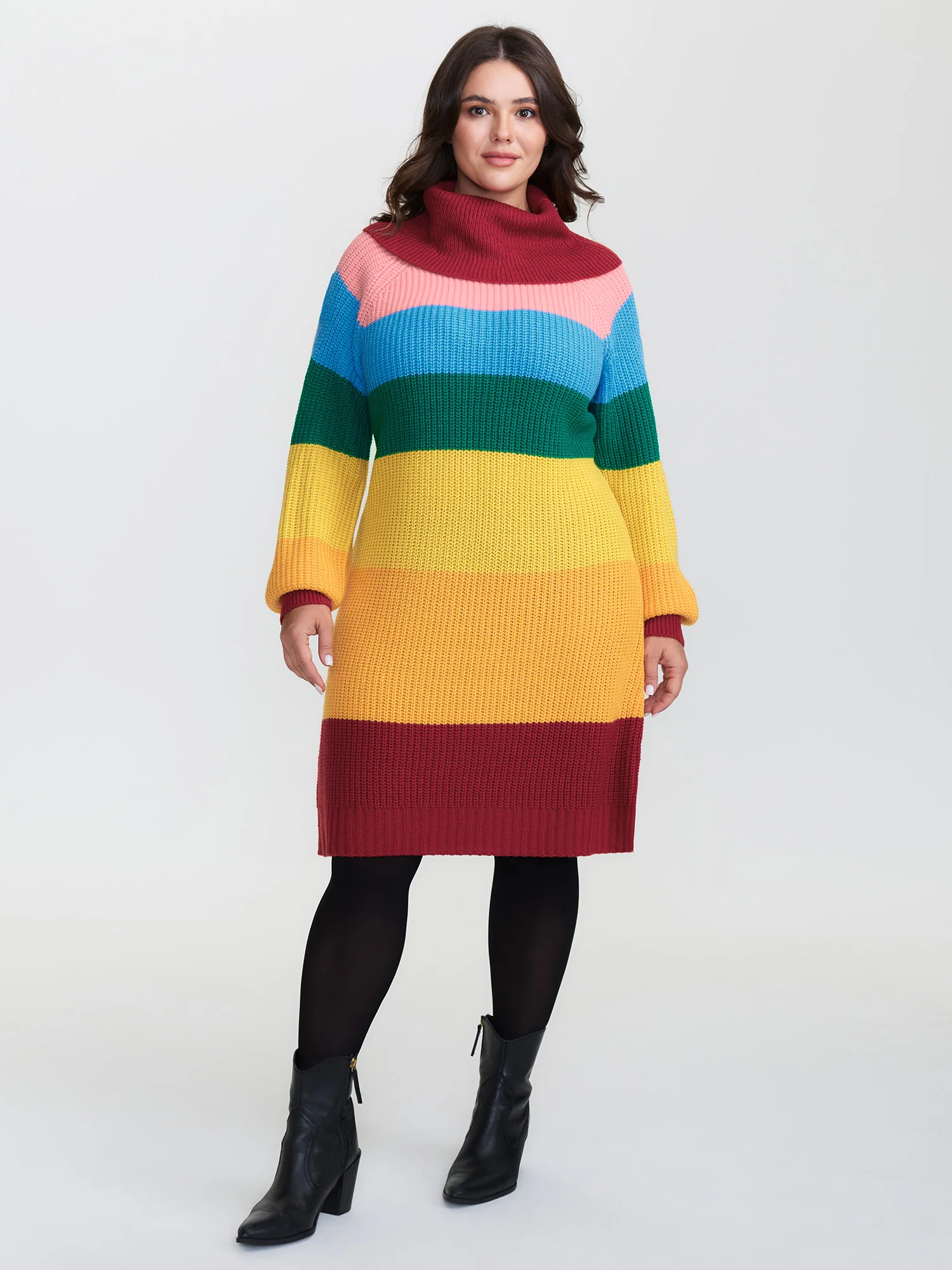 Rainbow Stripe Turtleneck Midi Sweater Dress