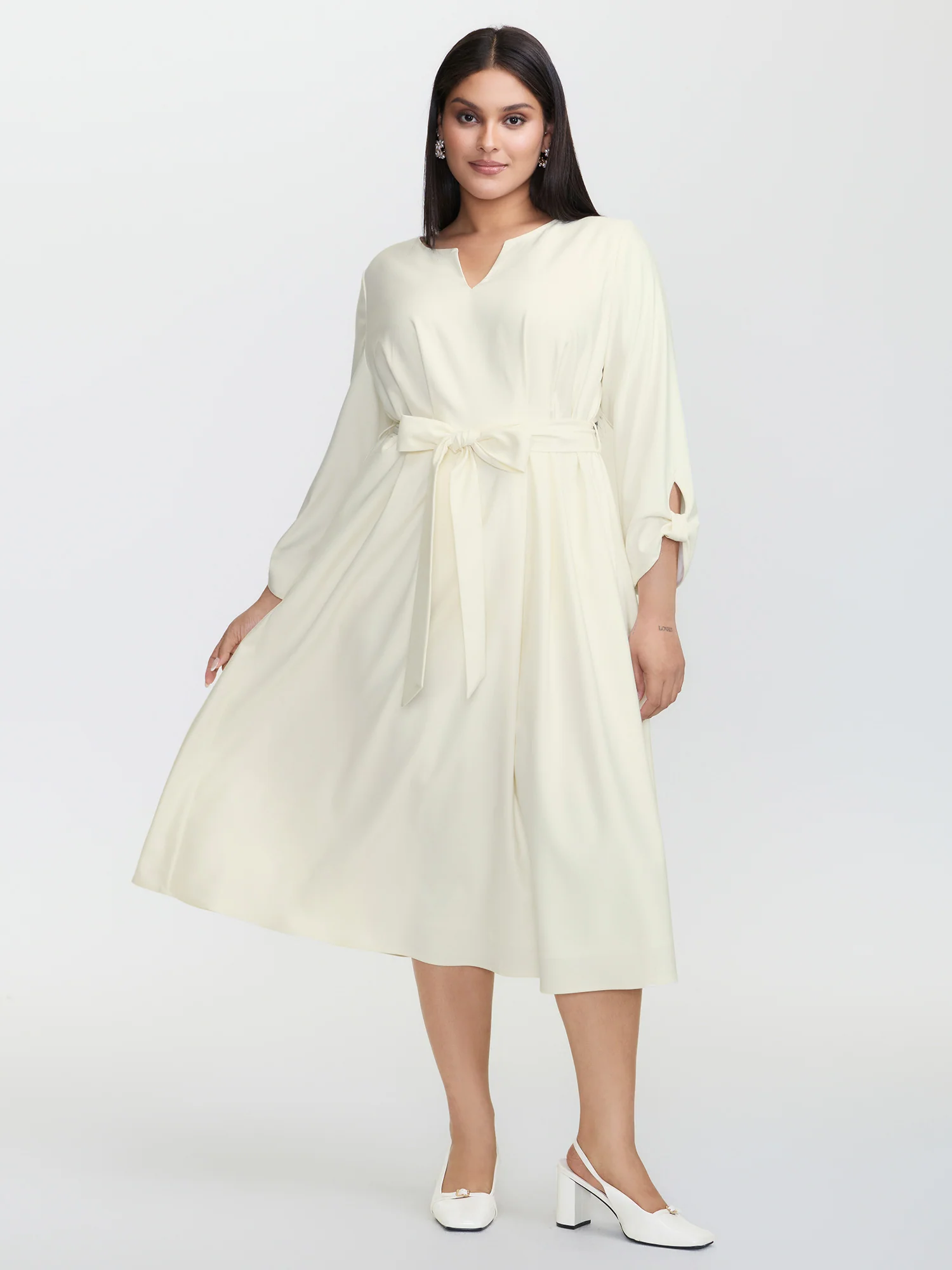 Pleated Split Neck Waist-Tie Maxi Dress