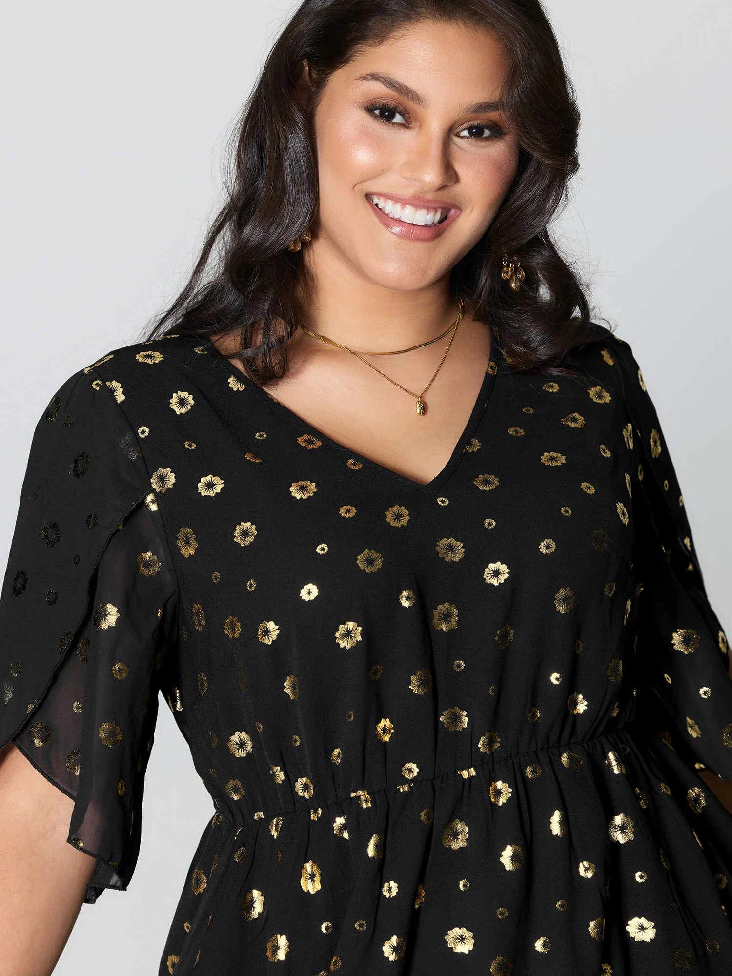 Gold Stamped Bud Sleeve Midi Dress