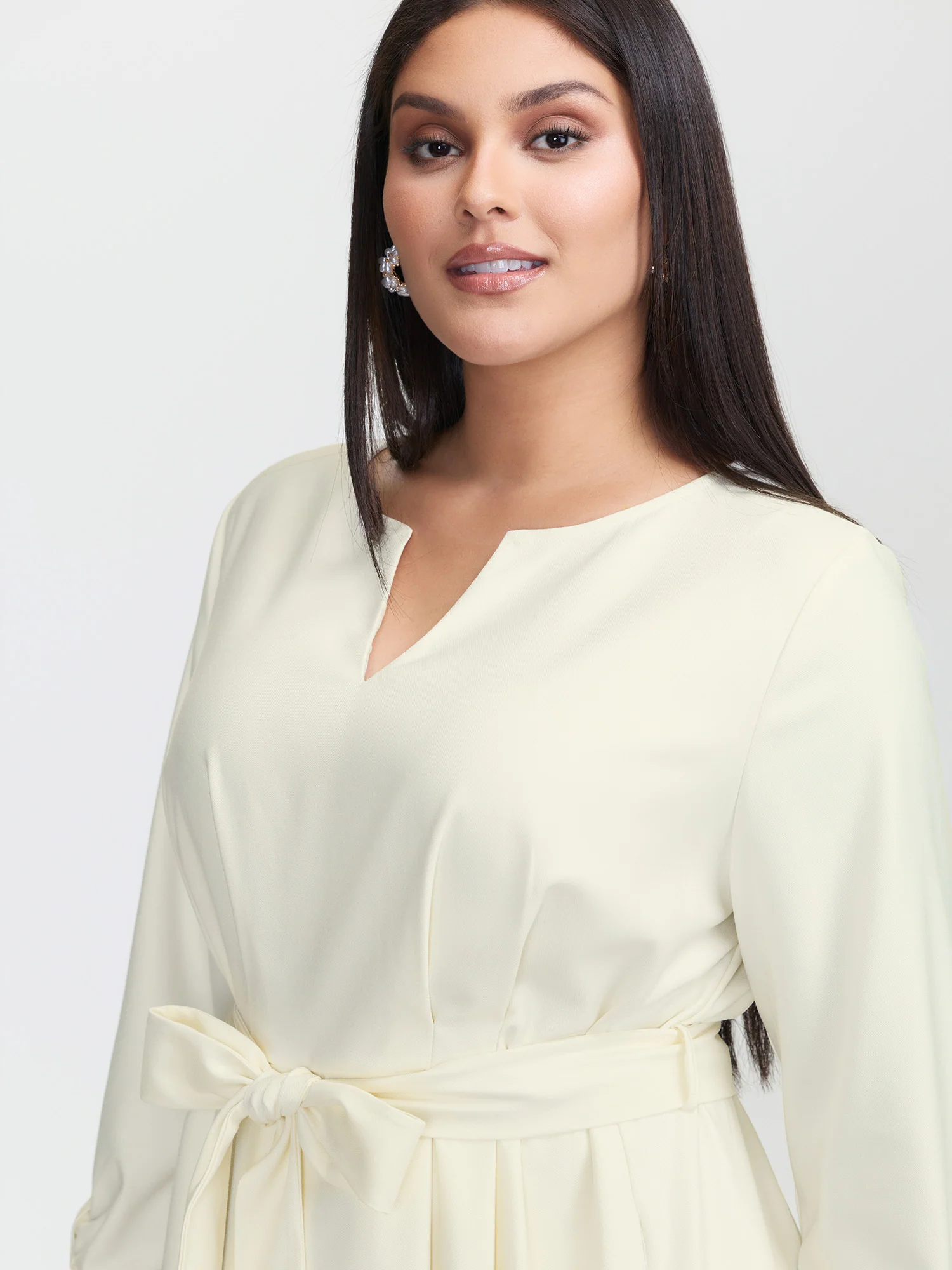 Pleated Split Neck Waist-Tie Maxi Dress