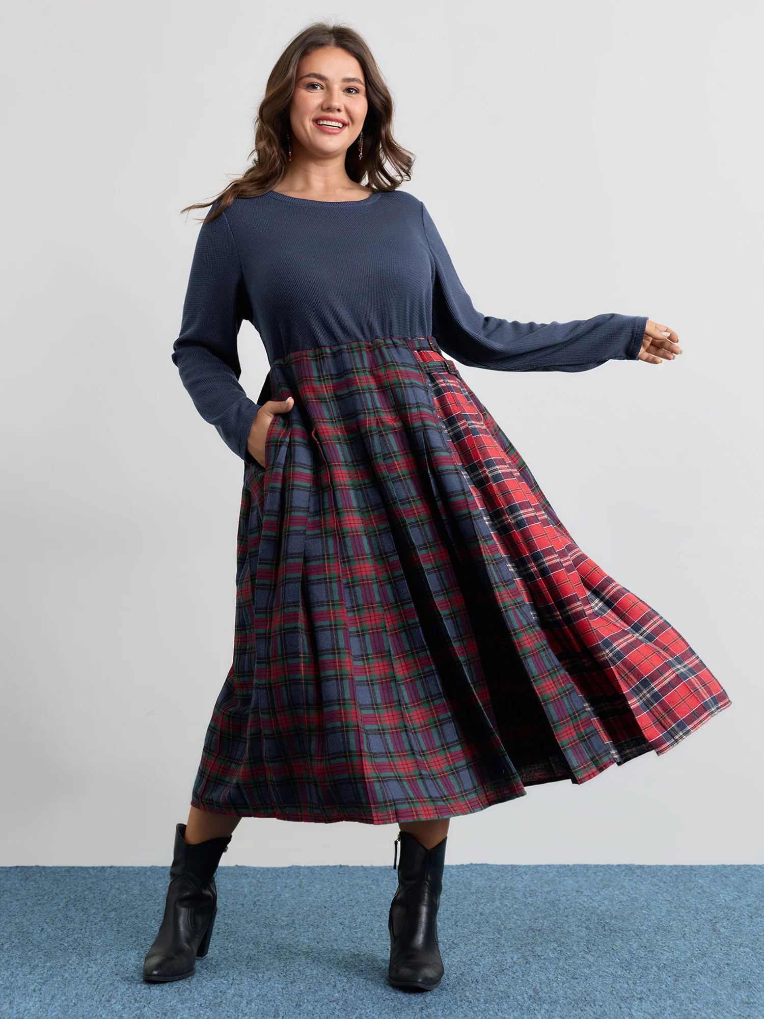 Plaid Waffle Color Contrast Midi Dress
