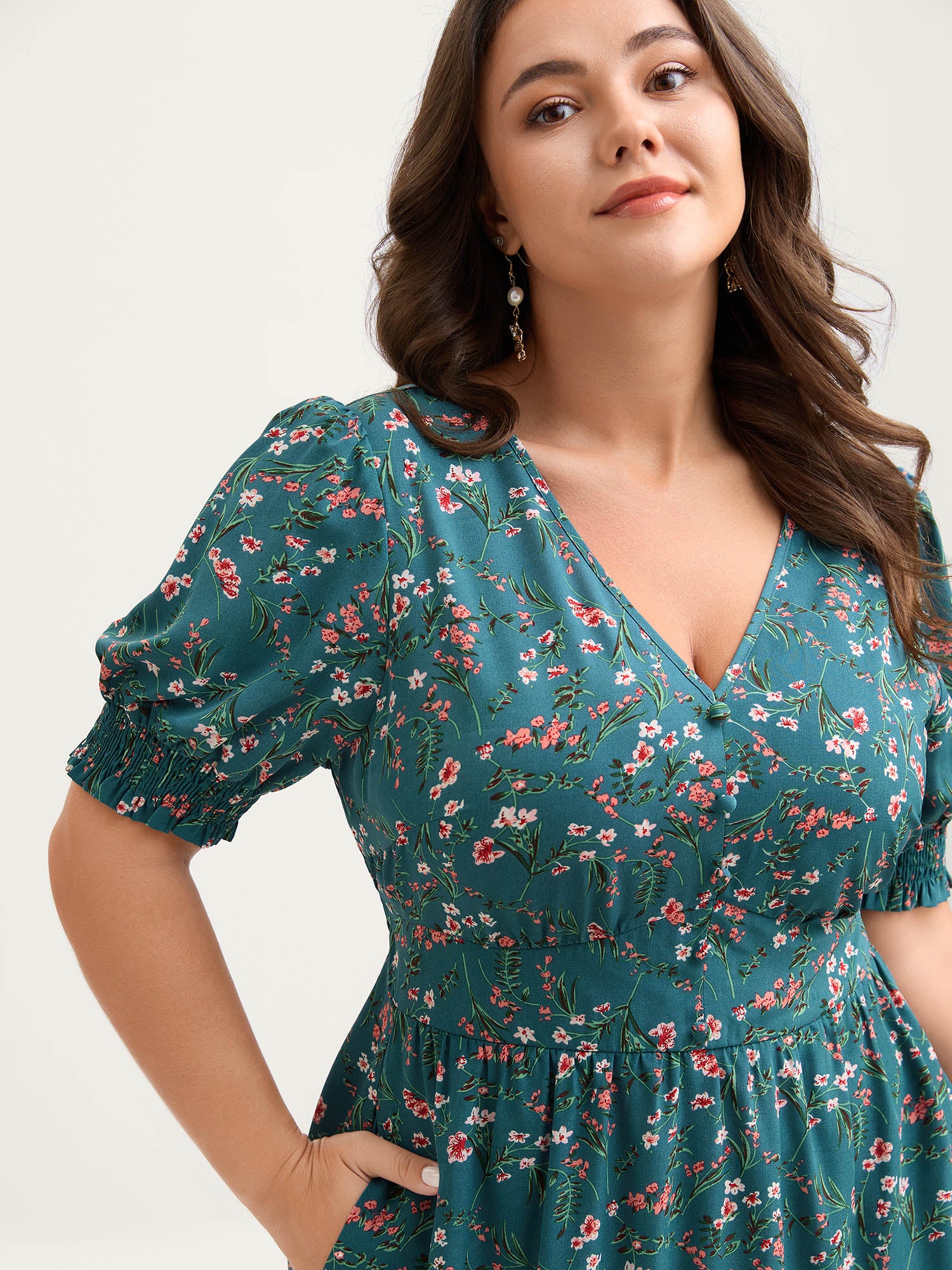 Retro Floral Print Button Detail Midi Dress