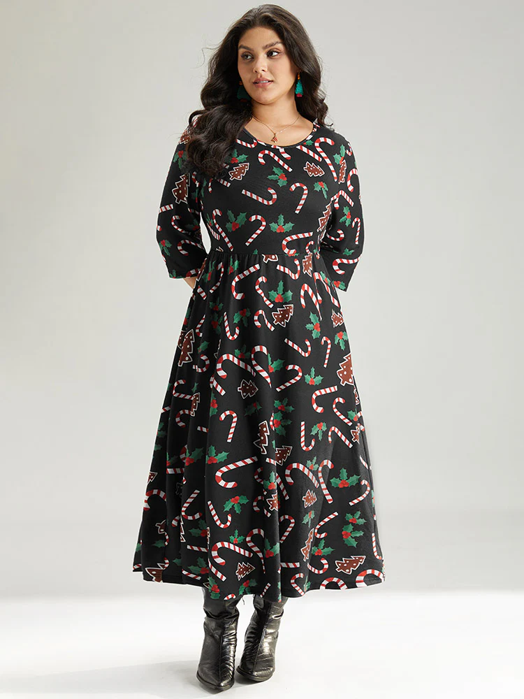 Christmas Print Pocket Elastic Waist Dress