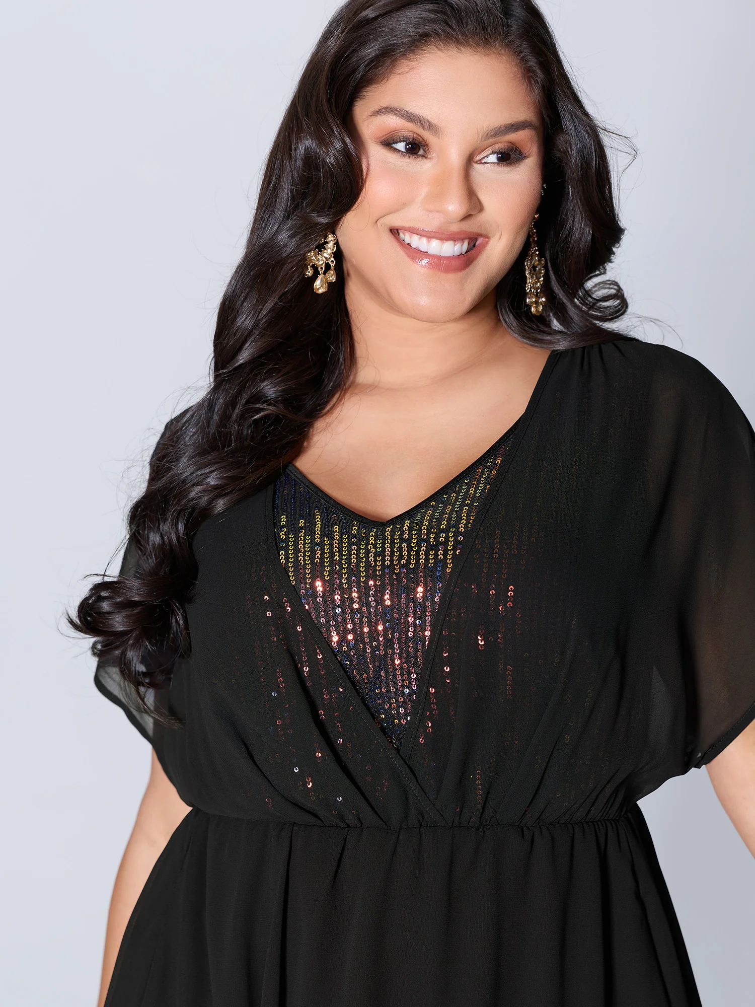 2-in-1 Sheer Sparkly Wrap Midi Dress