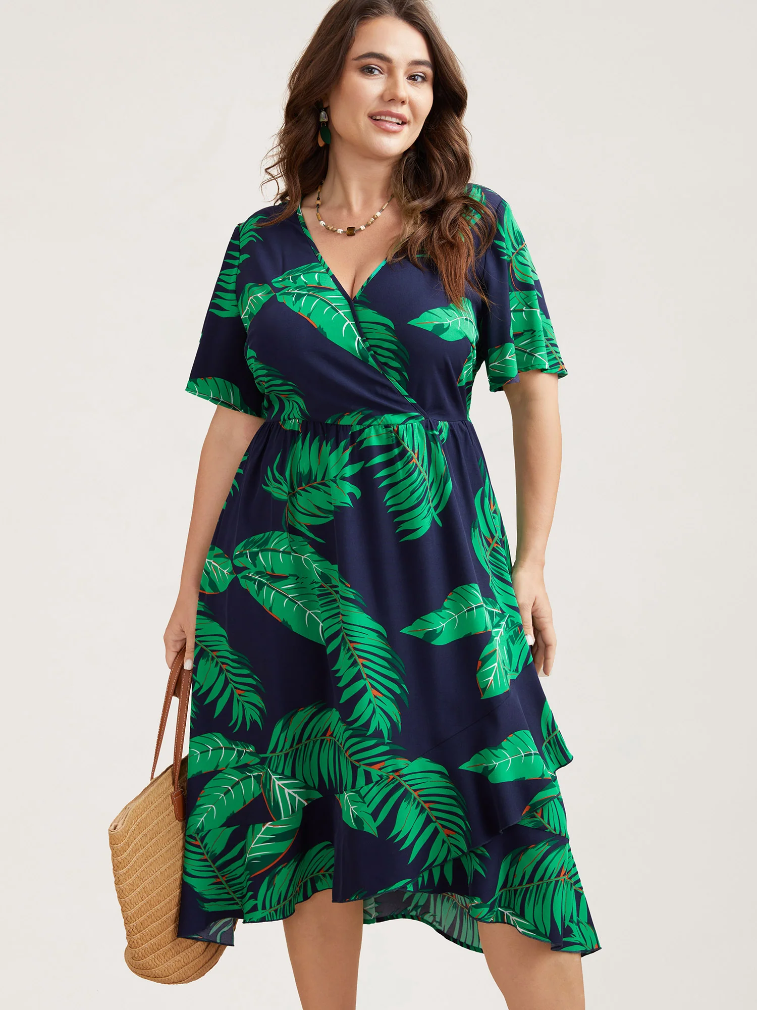 Tropical Leaf Print Surplice Neck Midi Dress