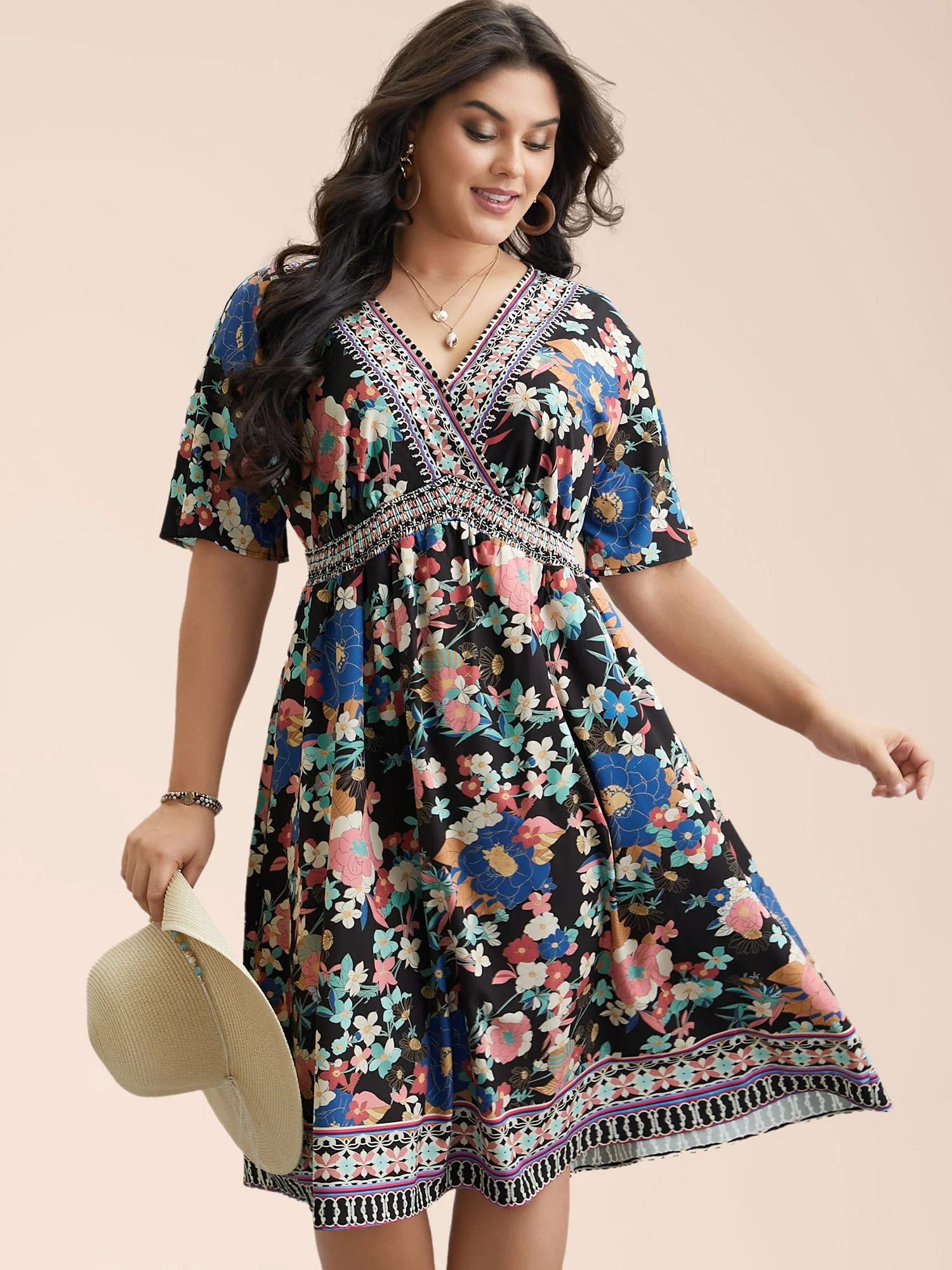 Boho Print Shirred V-Neck Flared Midi Dress