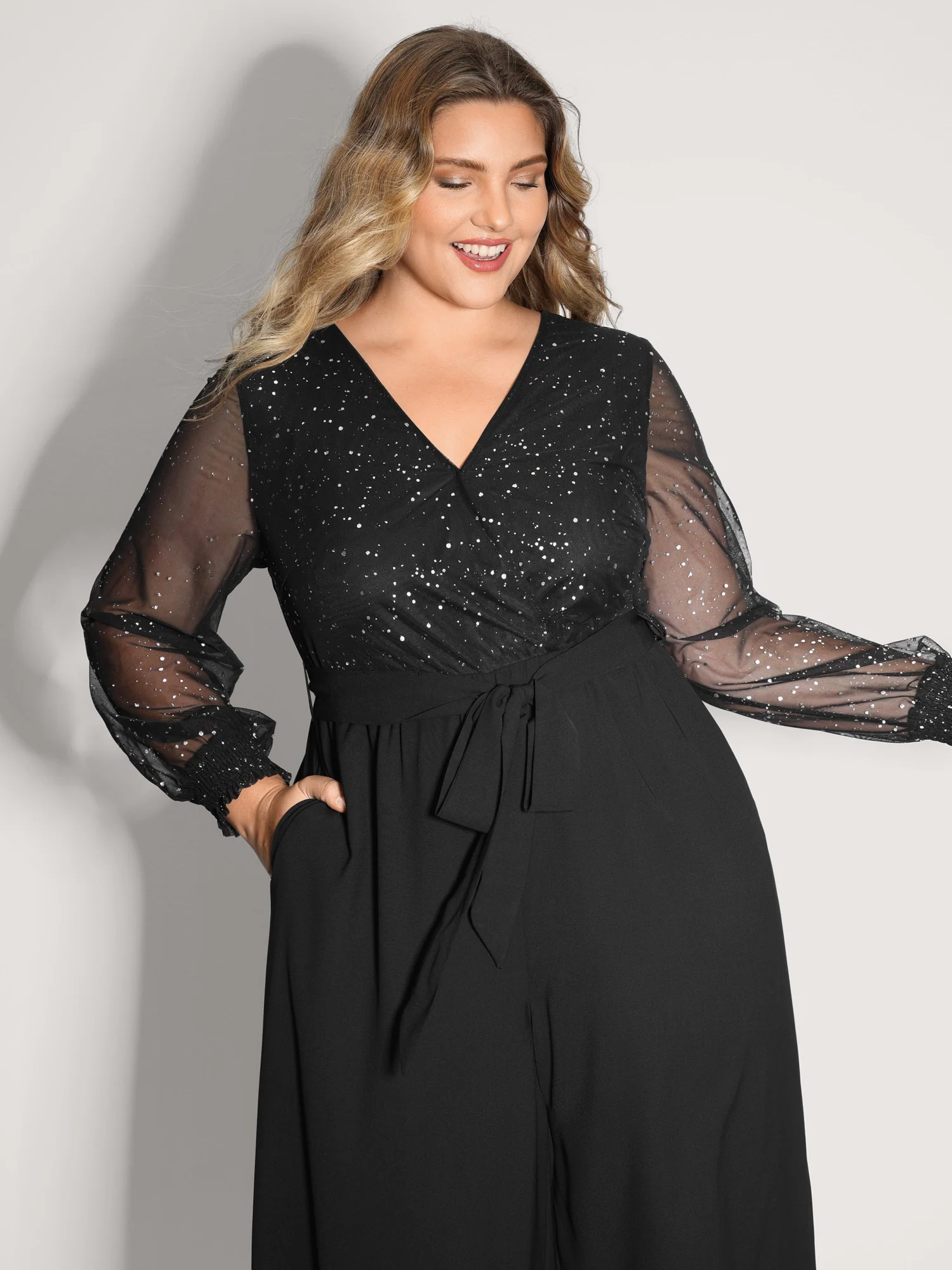 Shimmery Rhinestones Belted Waist Jumpsuit