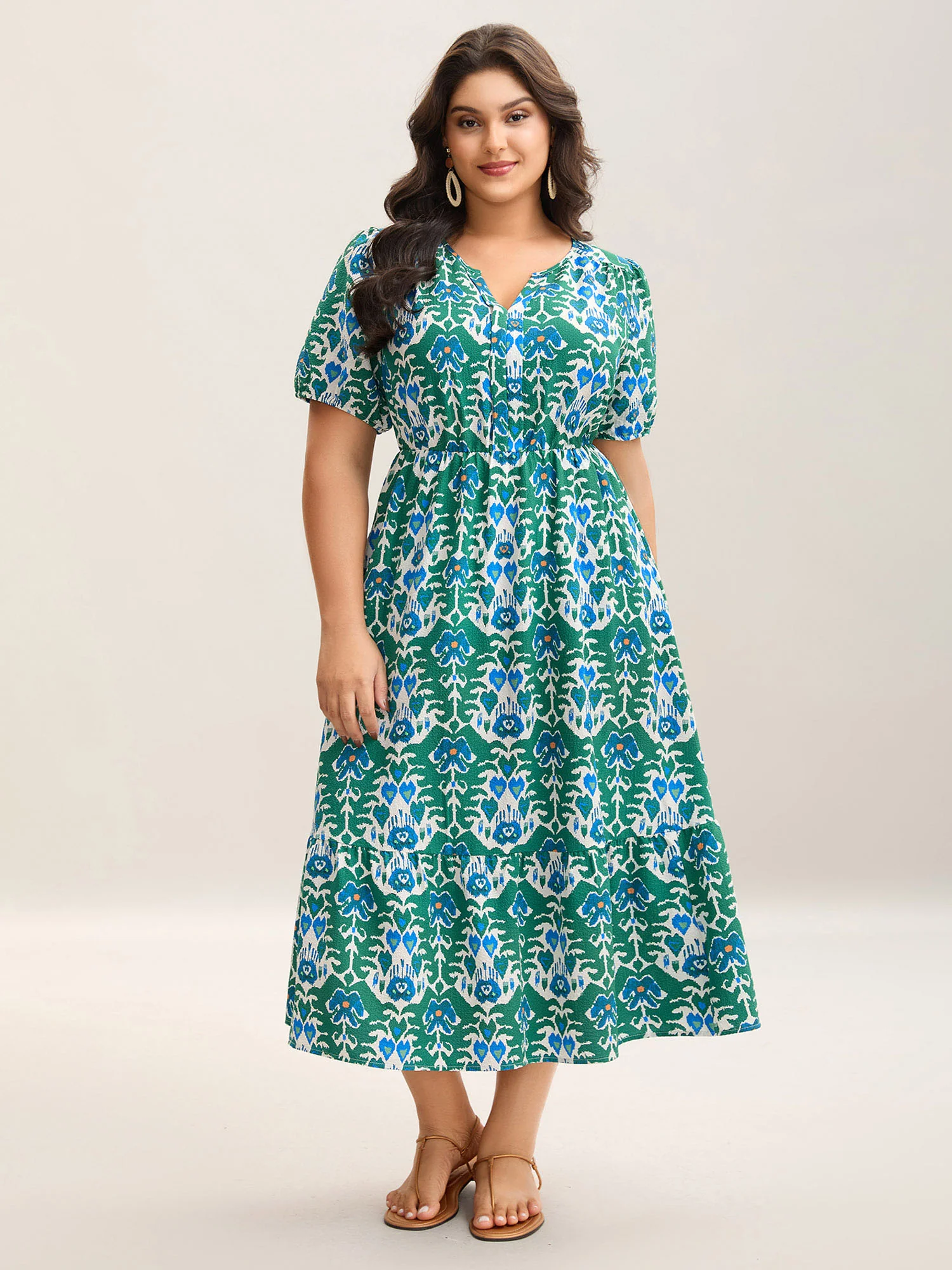 Boho Pattern Stretchy Waist Pockets Midi Dress