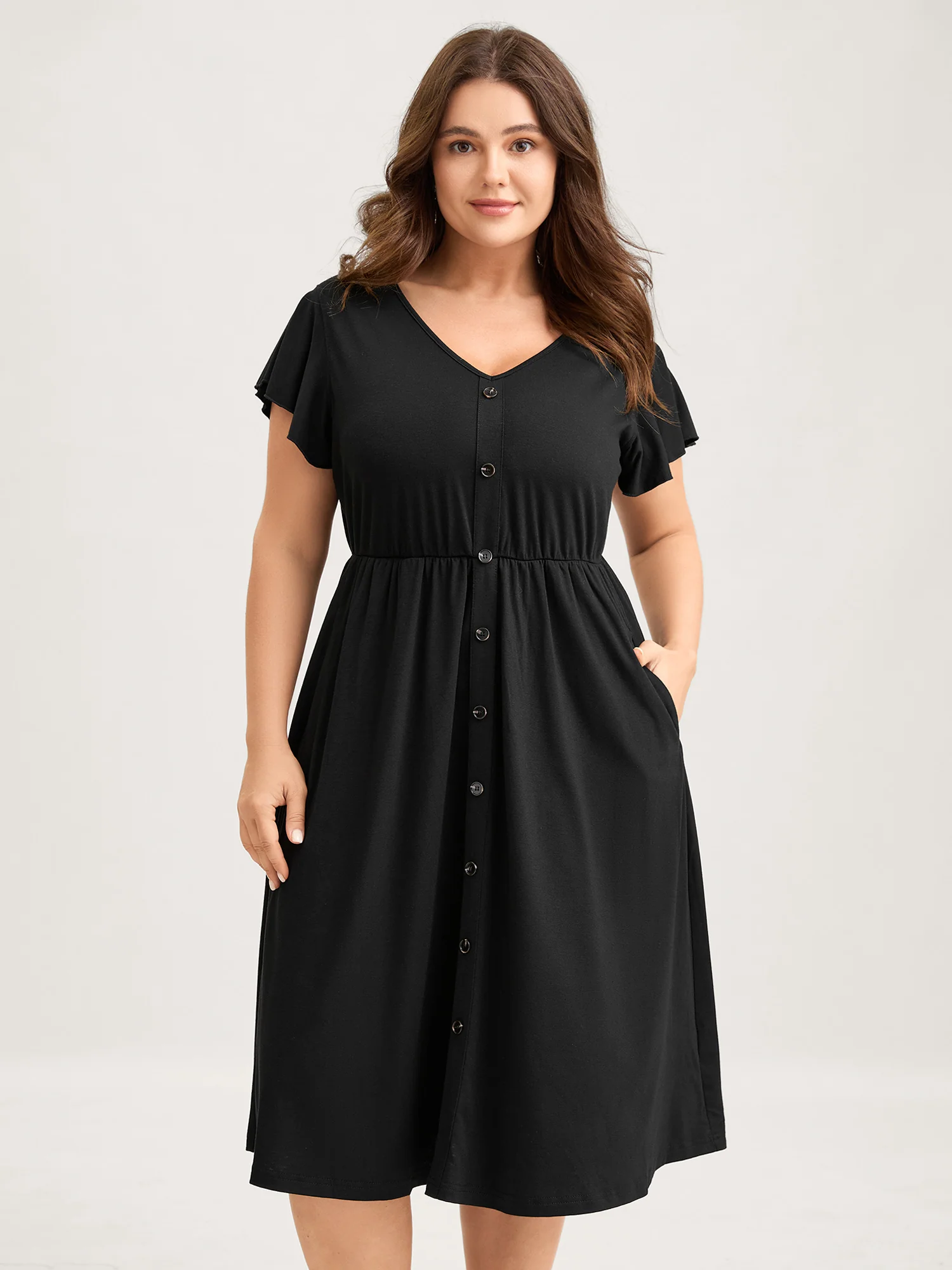 Supersoft Button Detail Deep V-Neck Midi Dress