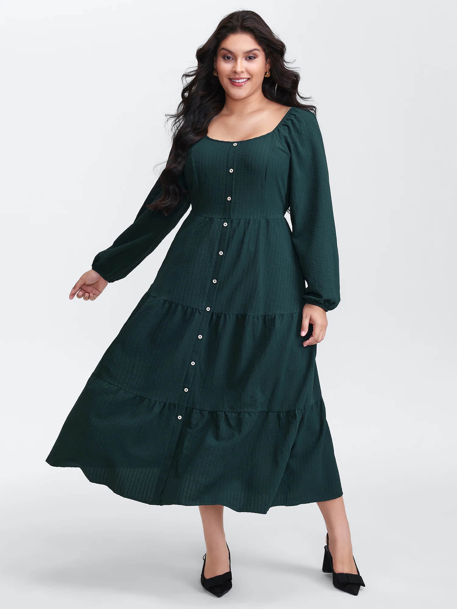 Textured Pockets Button Detail Tiered Maxi Dress