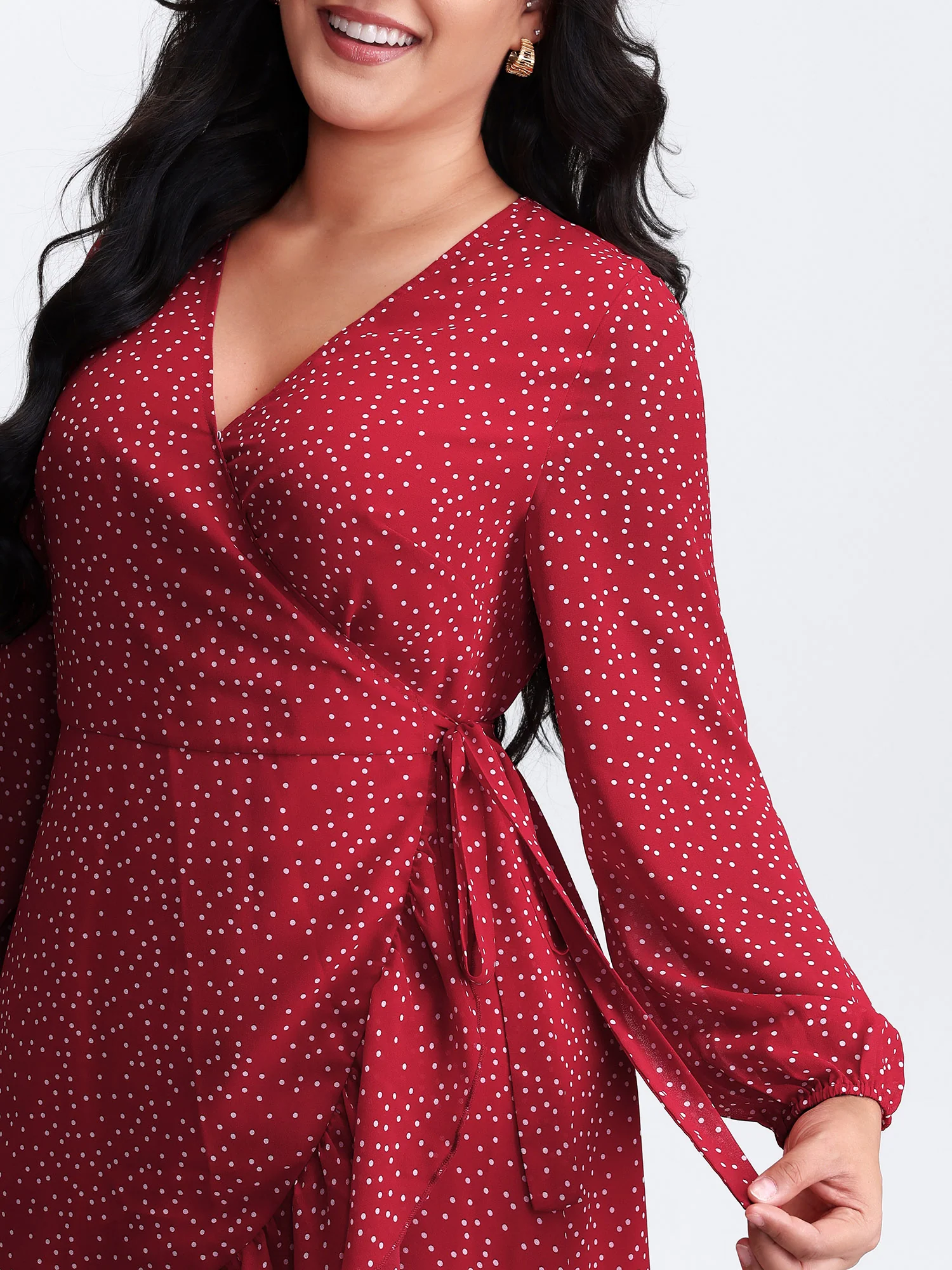 Polka Dot Ruffle Hem Wrap Dress