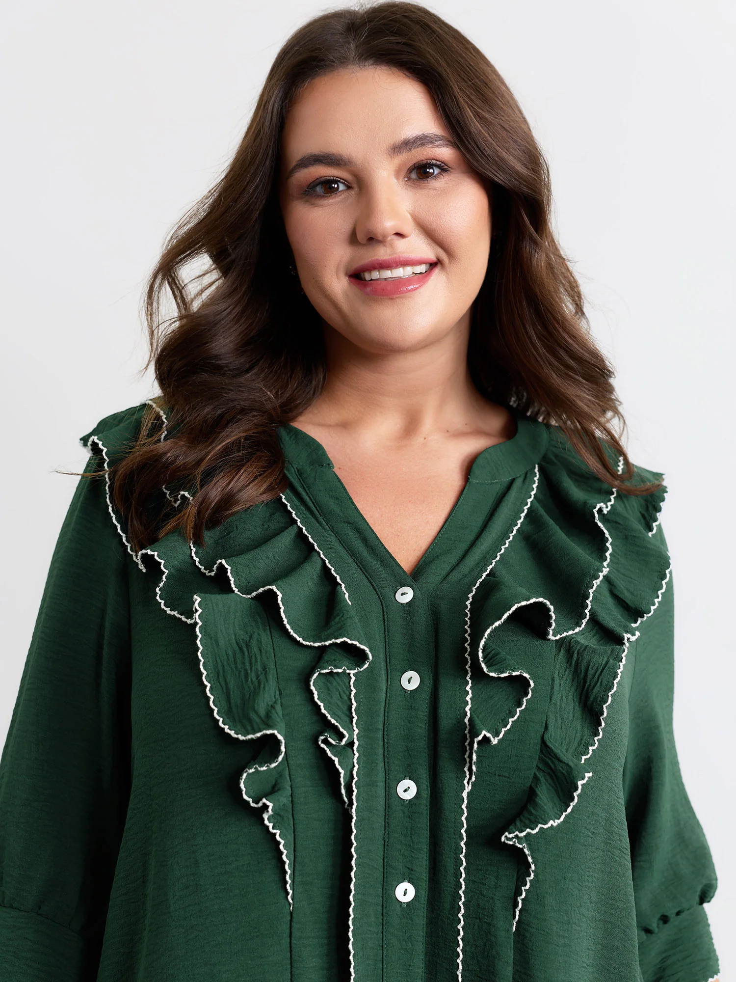 Ruffled Neck Tiered Button Knee-Length Dress