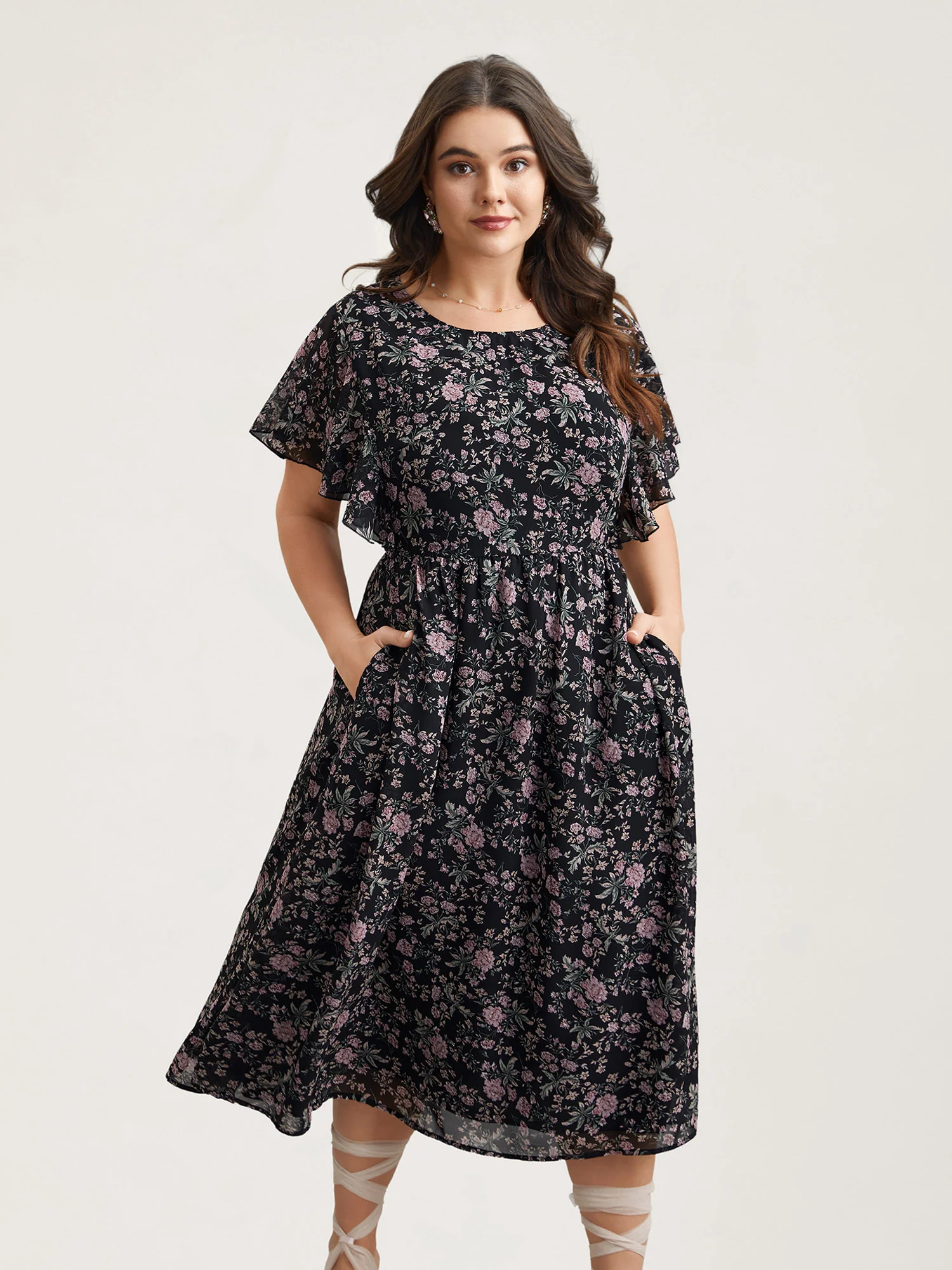 Chiffon Floral Print Ruffled Midi Dress