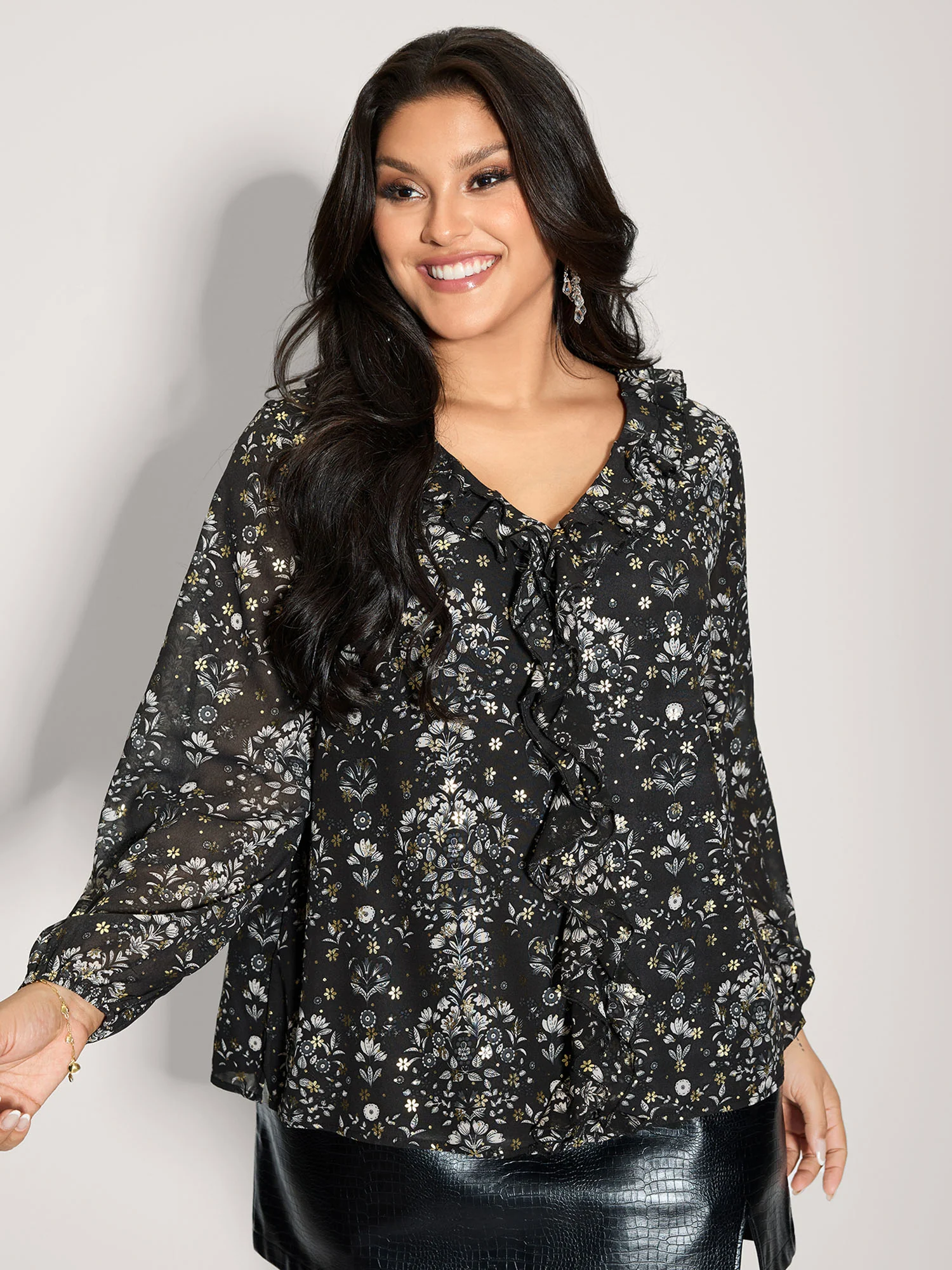 Floral Sequin Ruffled Edge Blouse