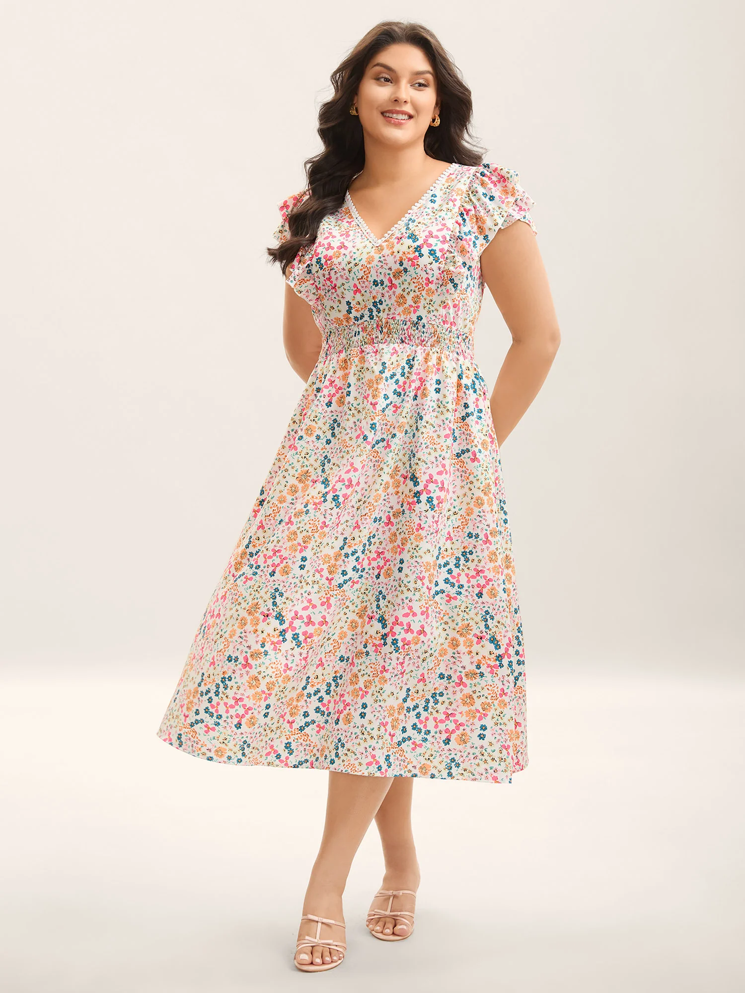 Sweet Floral Print Lace Neck Midi Dress
