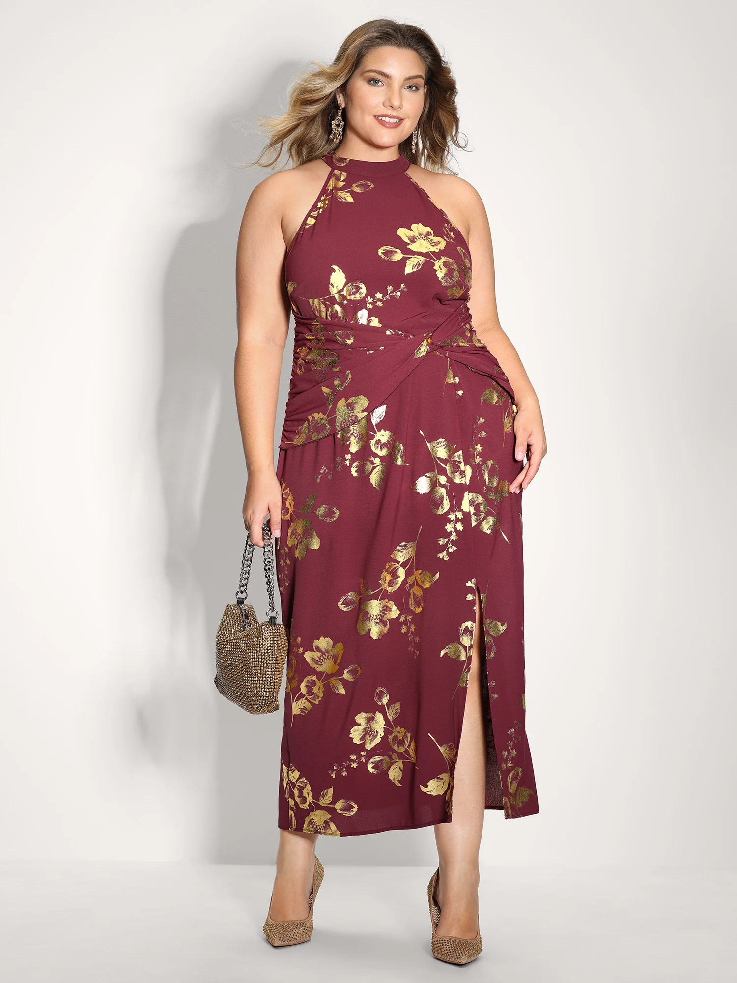 Gold Stamped Rose Twist Waist Midi Dress