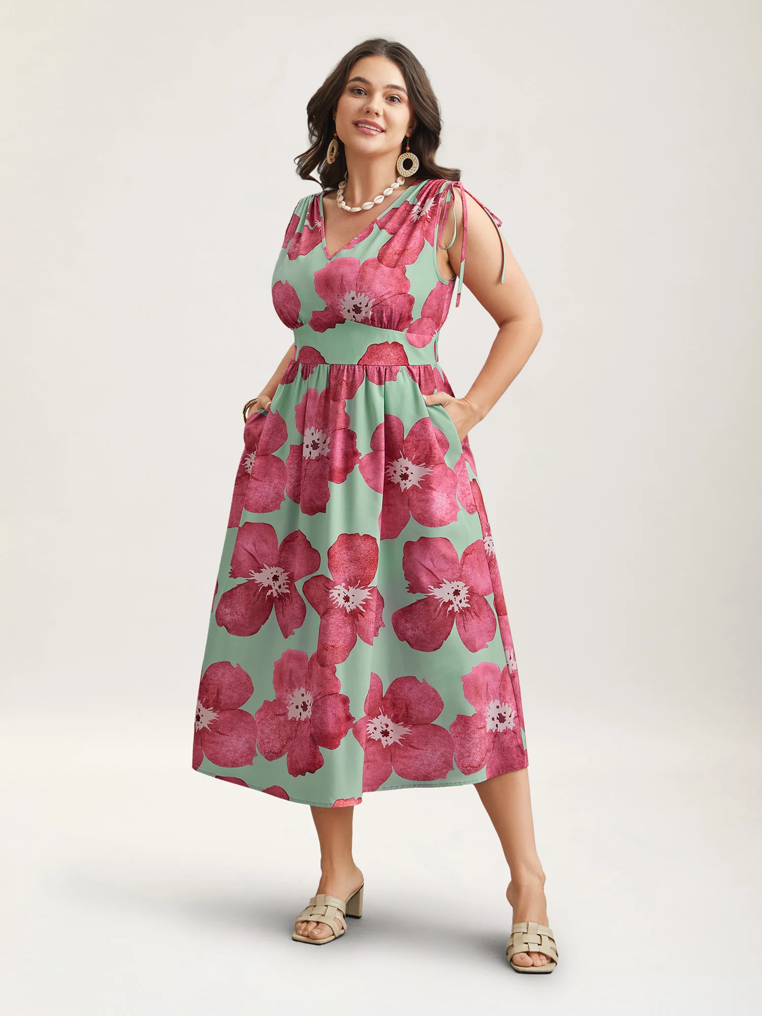 Floral Print V-Neck Tied Midi Dress