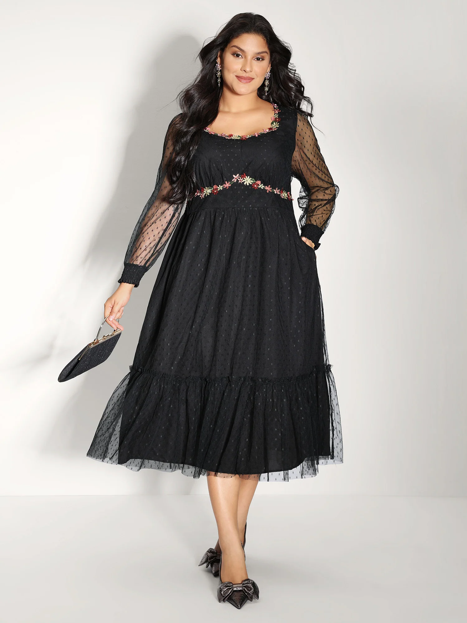 Floral Embroidery Sheer Detail Midi Dress