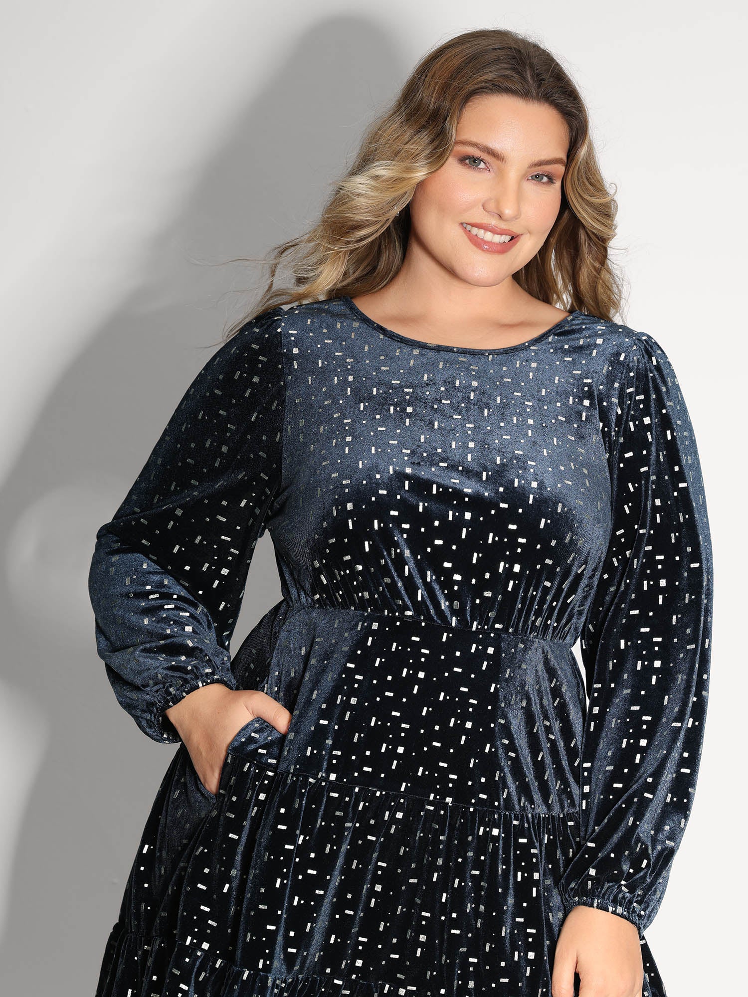 Stretchy Gold-Stamped Pockets Mini Dress