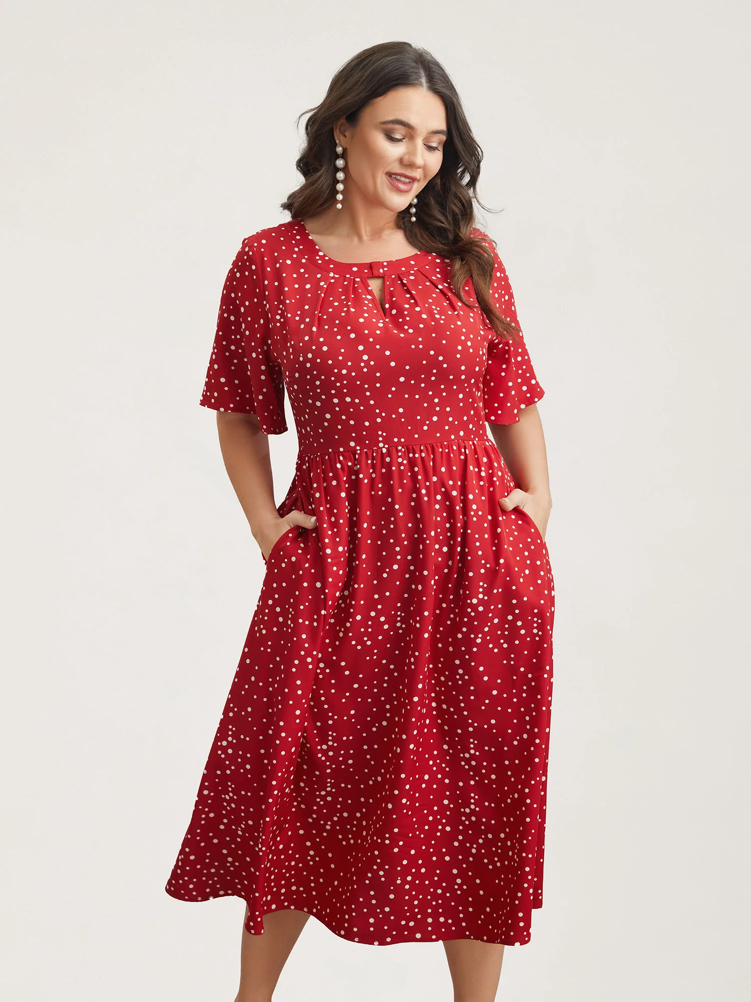 Polka Dots Print Cut-Out Flutter Sleeve Midi Dress