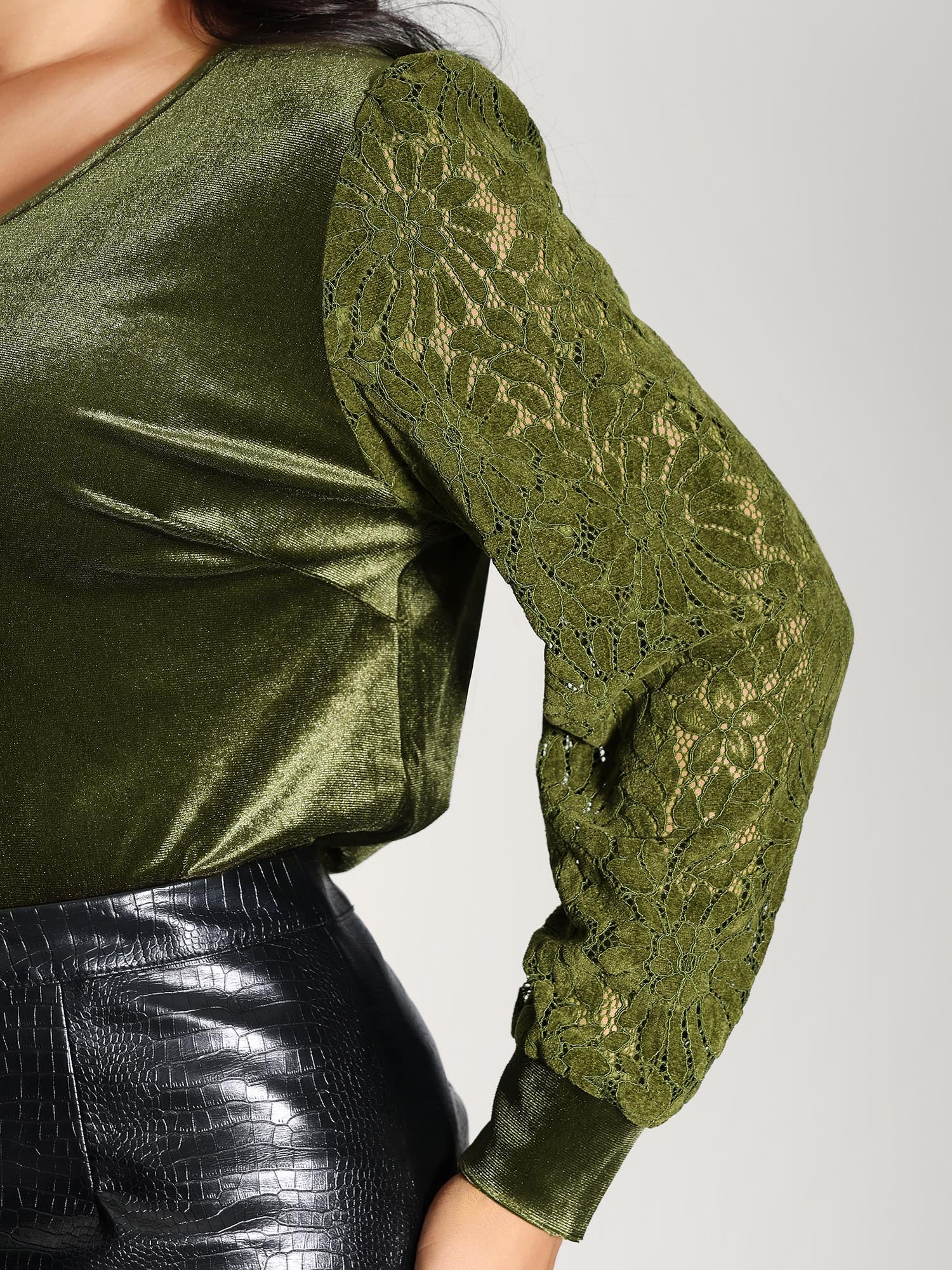 Velvet Stretchy Spliced V-Neck Blouse