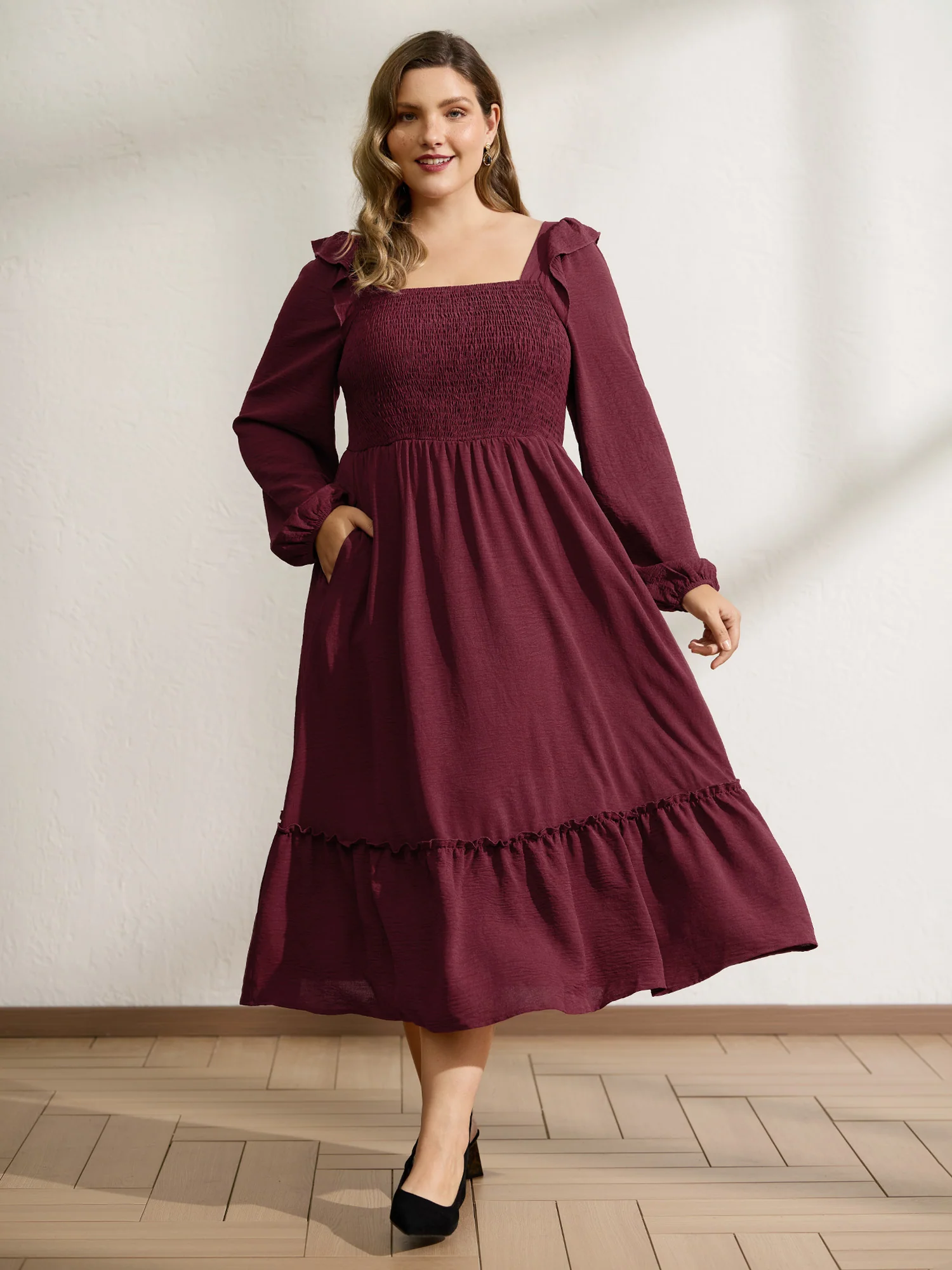 Shirred Bodice Ruffled Tiered Maxi Dress