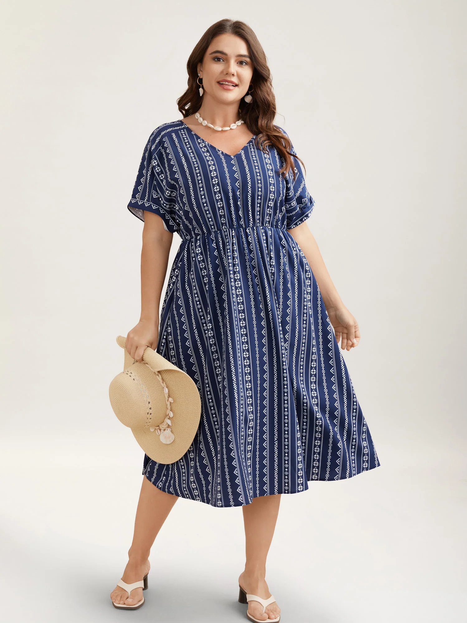 Striped Waist-Cinched Dolman Sleeve Midi Dress
