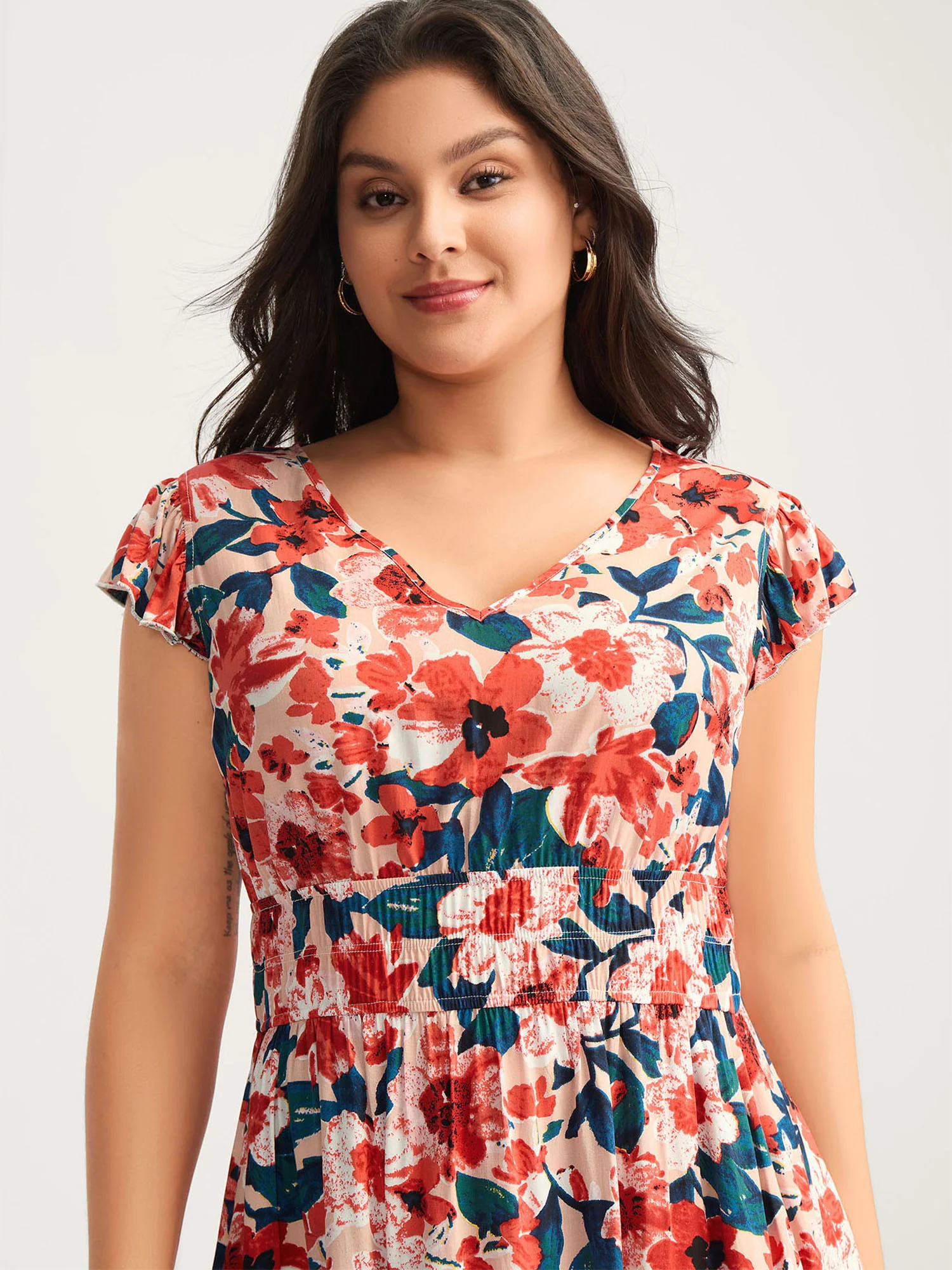 Floral Three-Layered Stretchy Waist Midi Dress