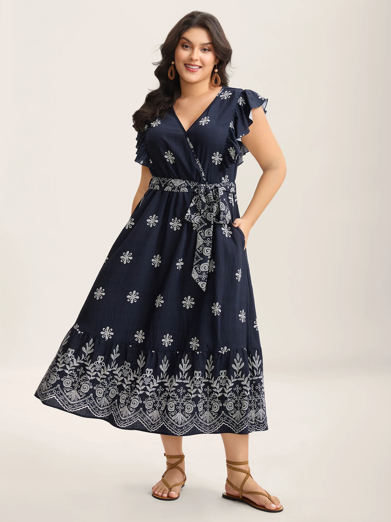 Rayon Stretchy Waist Pockets Flutter Midi Dress