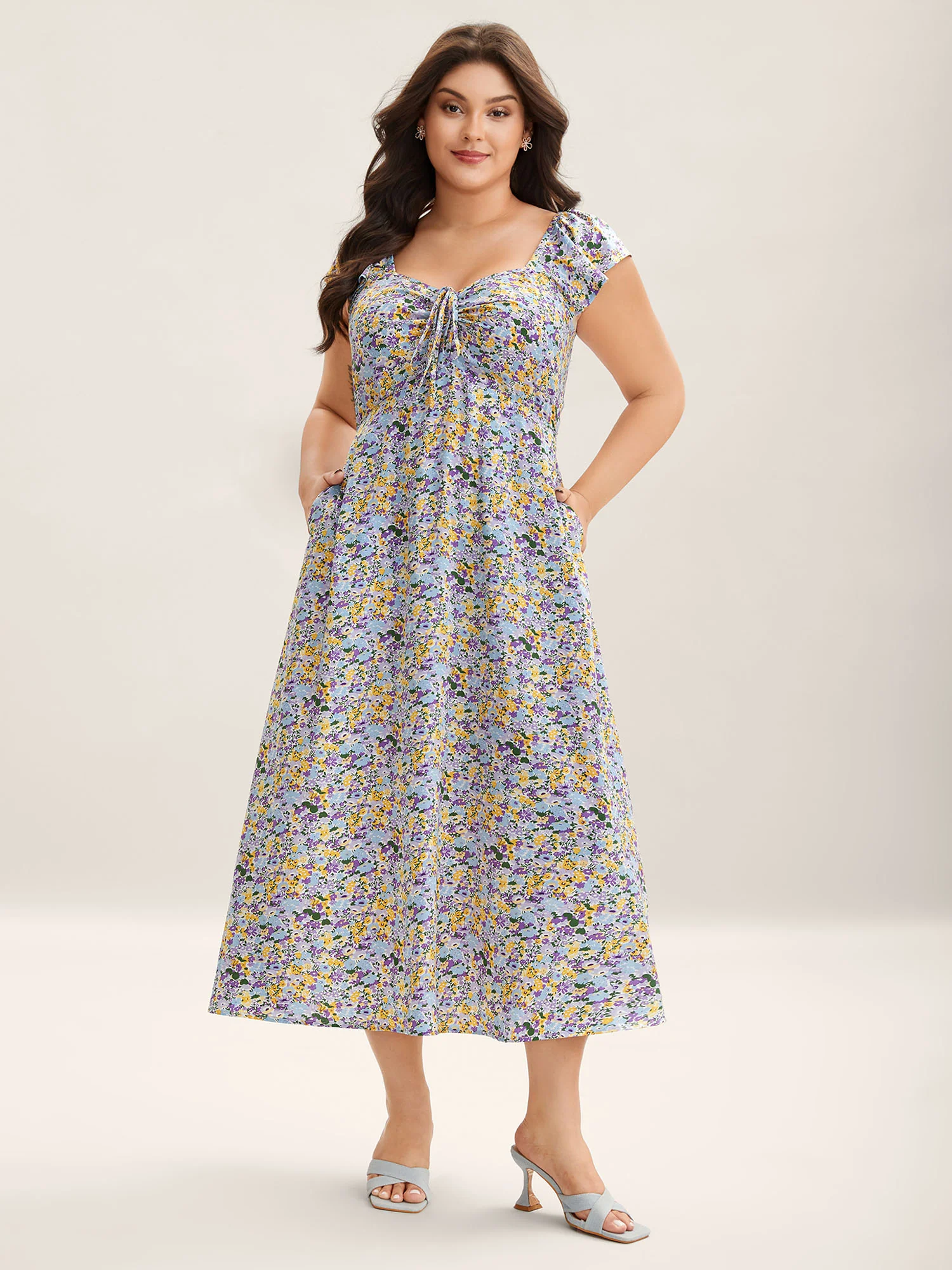Ditsy Floral Print Neck Tie Midi Dress