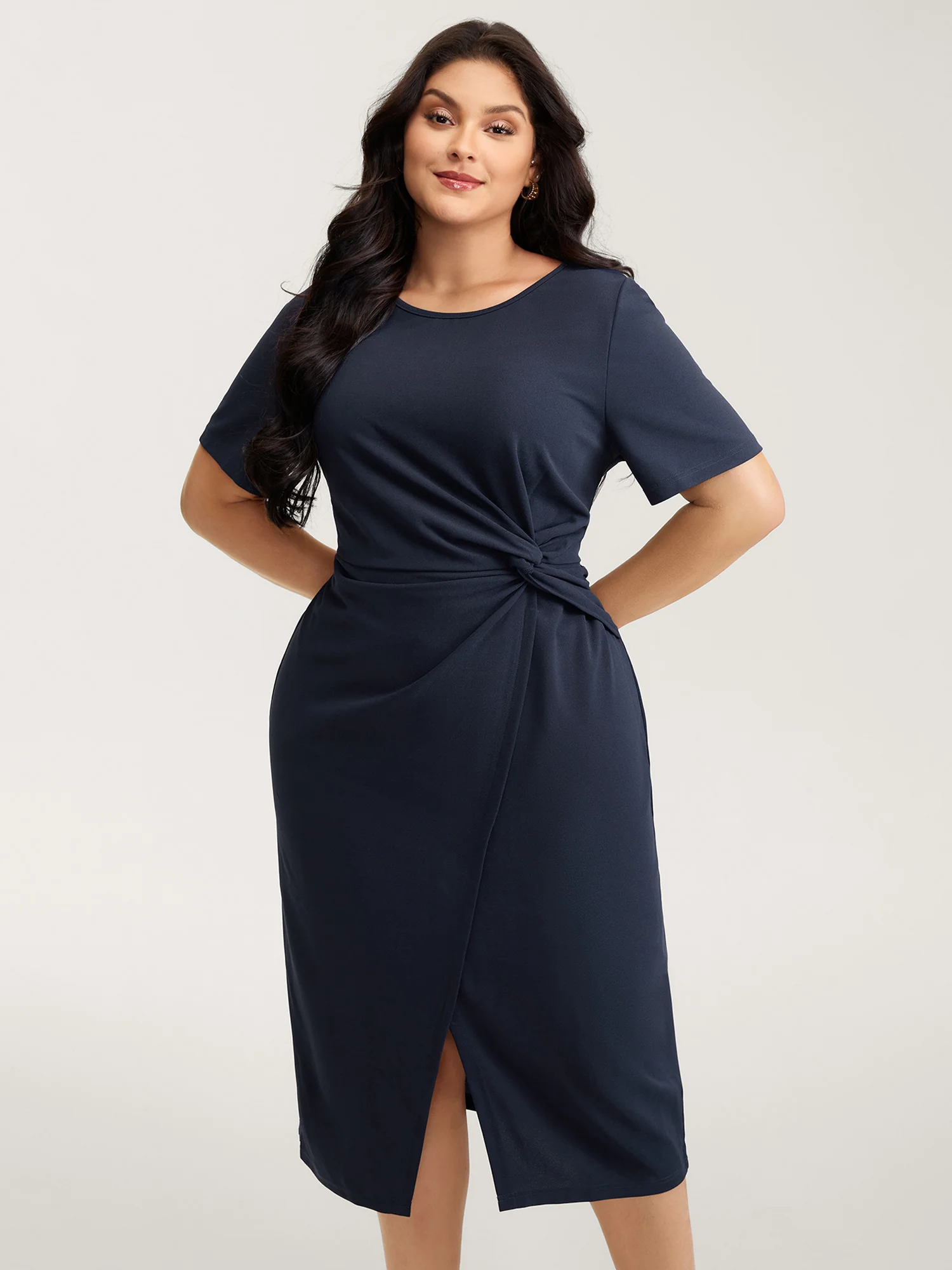 Half-Sleeve Split Front Sheath Midi Dress