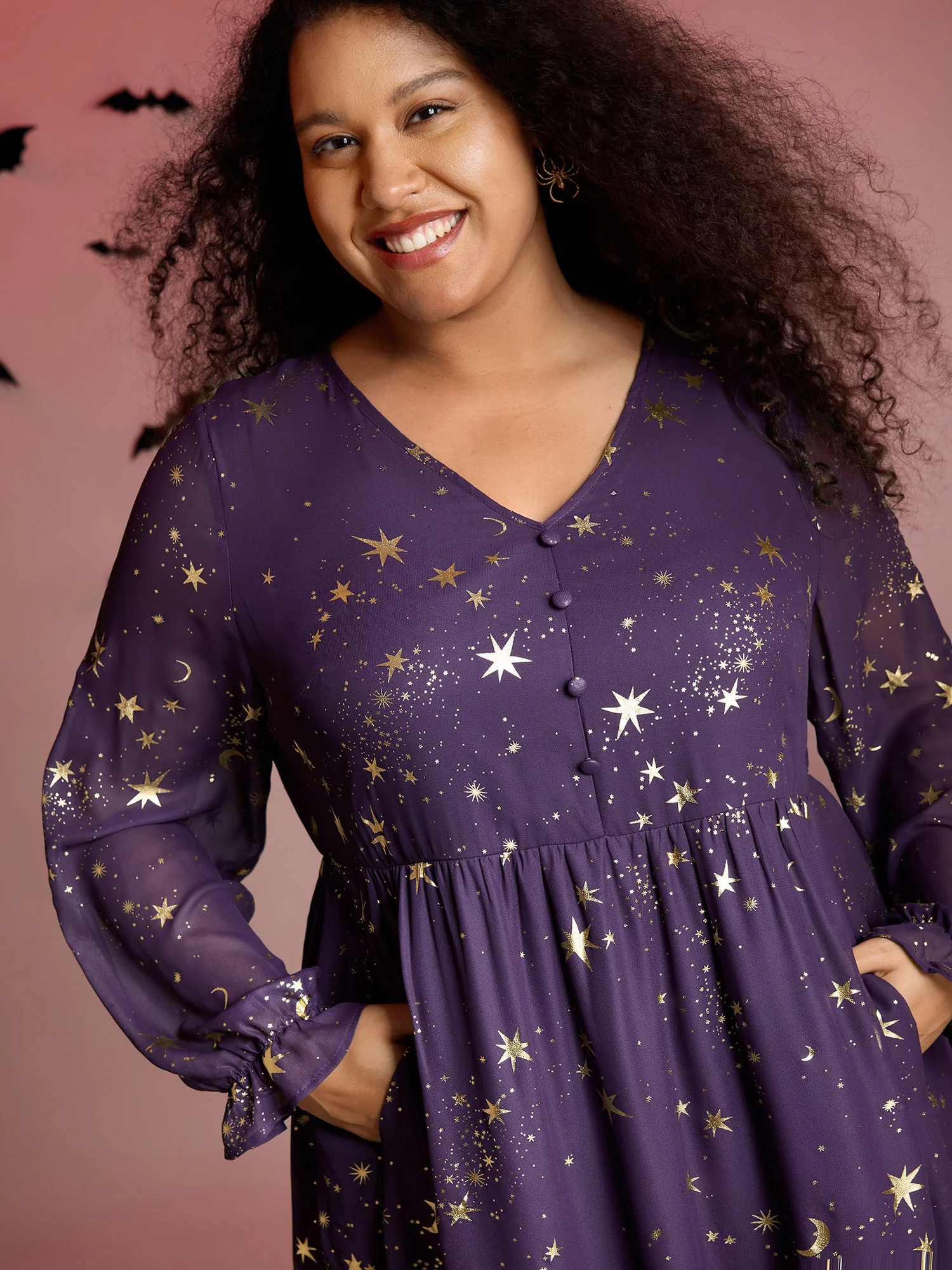 Gold Stamp Lantern Sleeve Ruffled Midi Dress