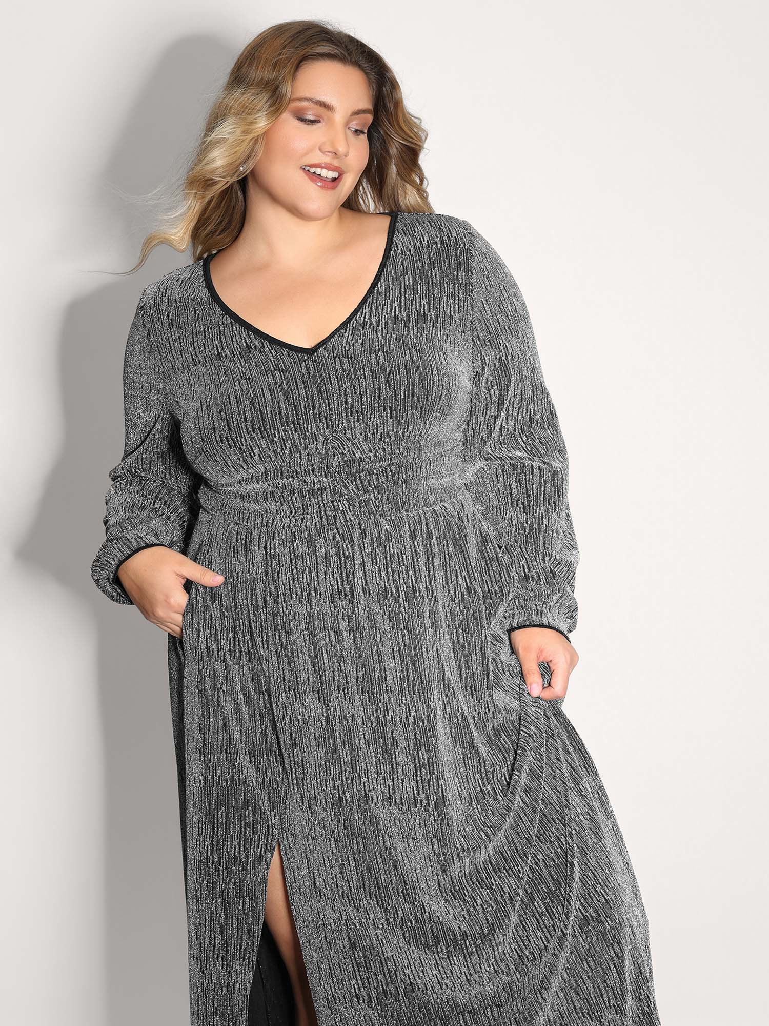 Lurex Side Slit Pleated Waist Maxi Dress