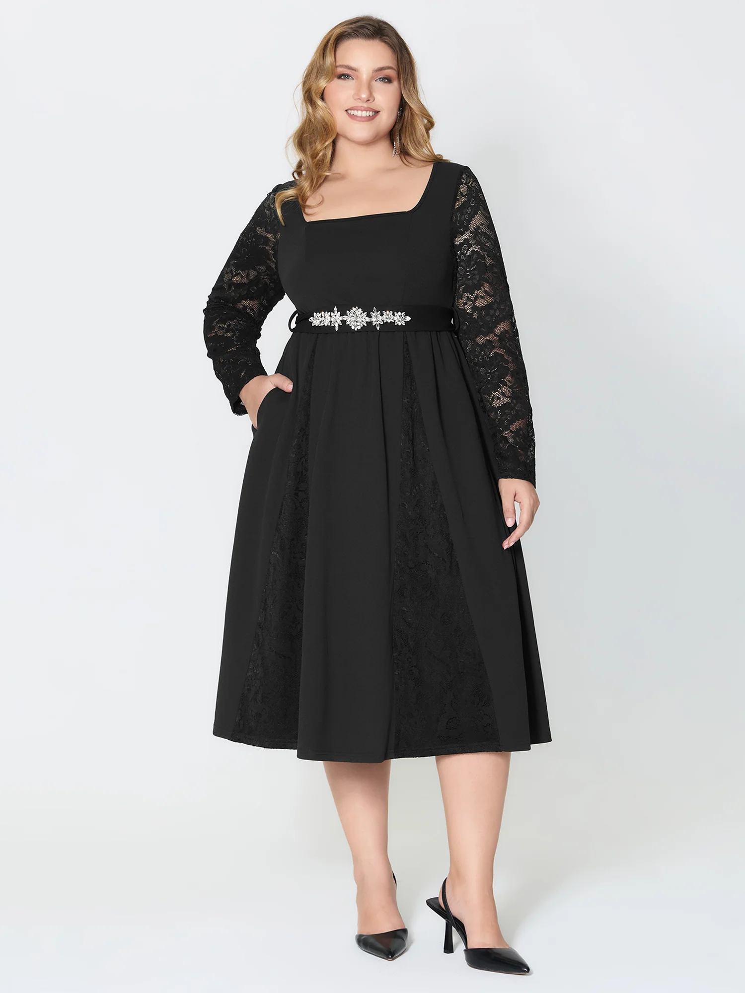Hotfix Rhinestones Lace Trim Midi Dress