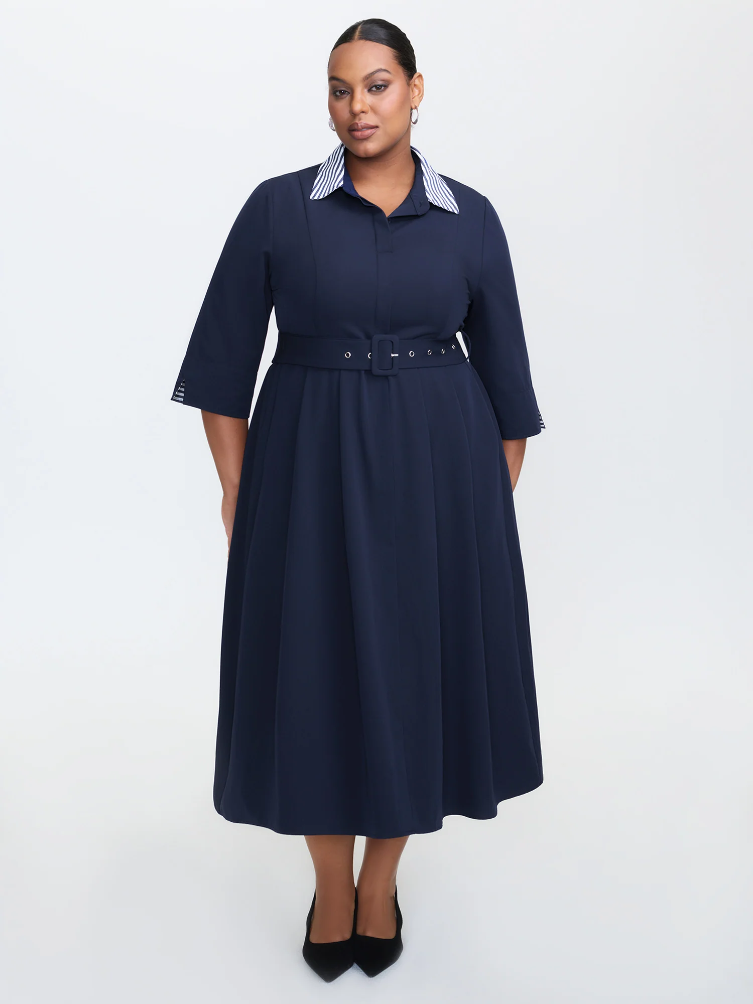 Color Contrast Cuffs Belted Midi Dress