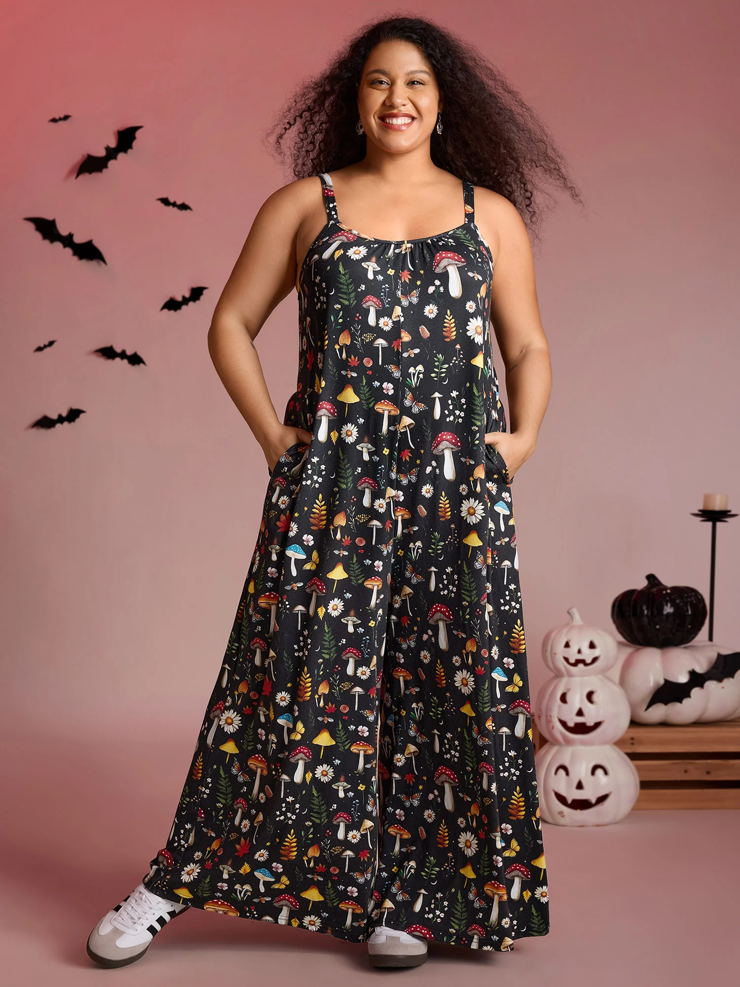 Halloween Mushroom Print Pockets Cami Jumpsuit