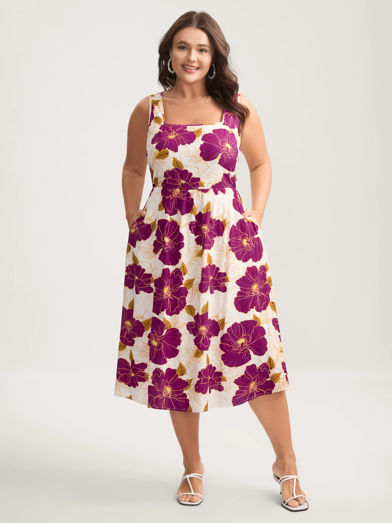 Large Floral Print Pockets Midi Dress