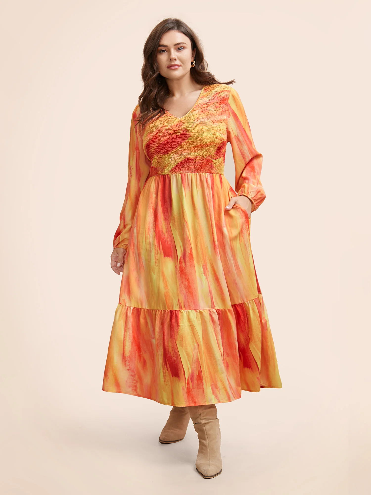 Gradient Dyeing Shirred Ruffle Hem Dress